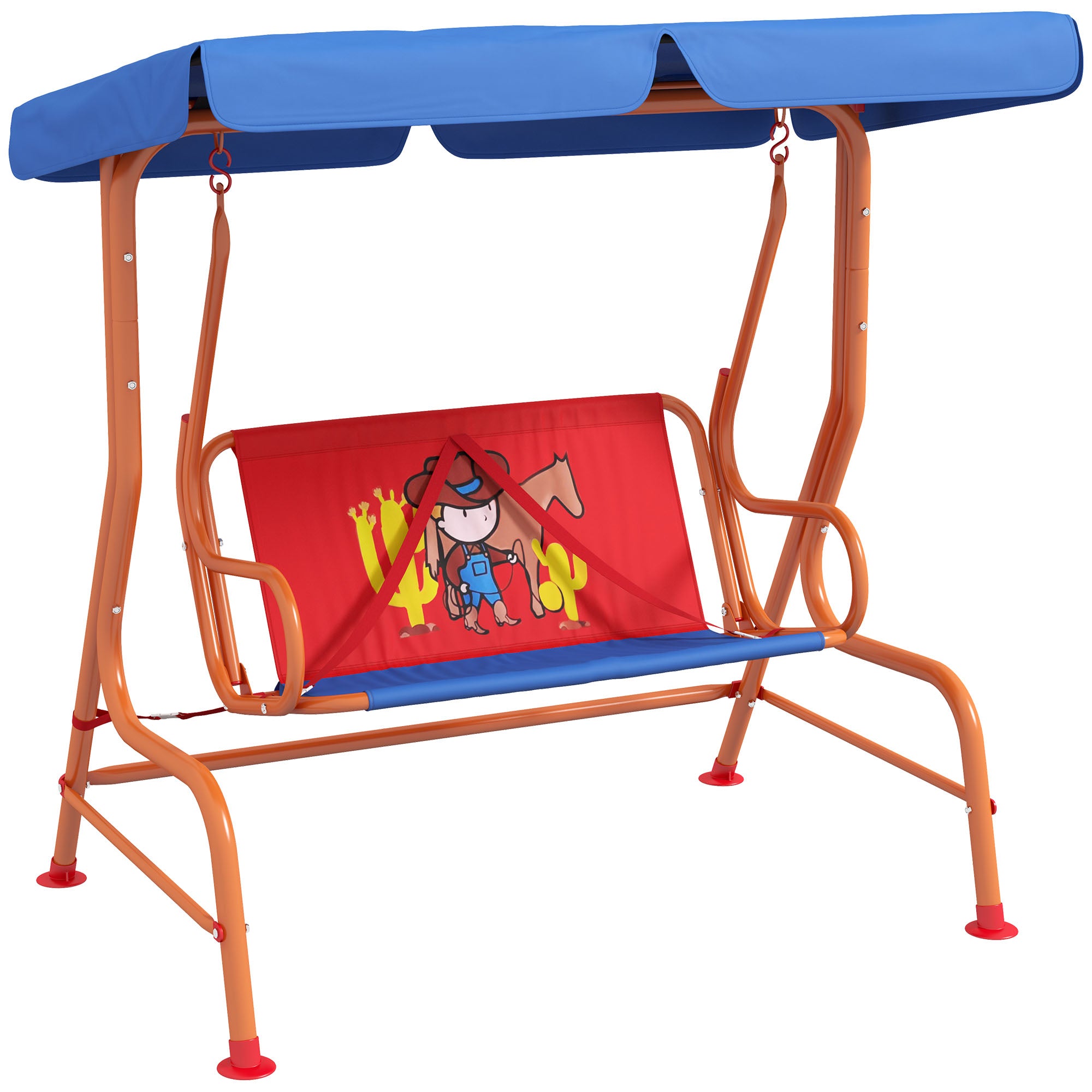 Outsunny Two Seater Kids Garden Swing, Cowboy Themed kids Swing Chair with Adjustable Canopy, Safety Belts for Outdoor Use - North Peak Garden Furniture