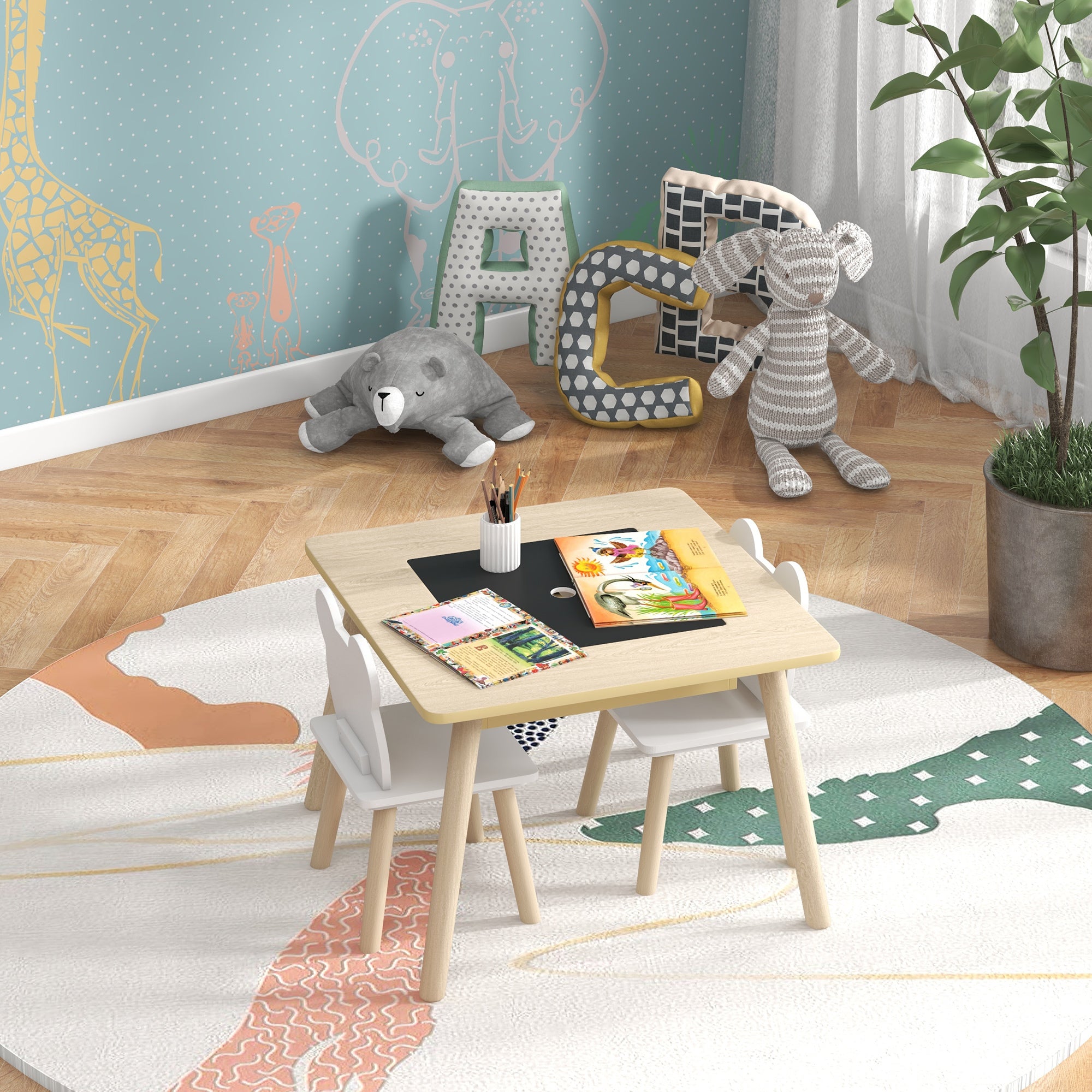 AIYAPLAY 3-Piece Kids Table and Chairs Set with Convertible Desk and Storage Grid, Kids Activity Table for Nursery, Playroom - North Peak Garden Furniture