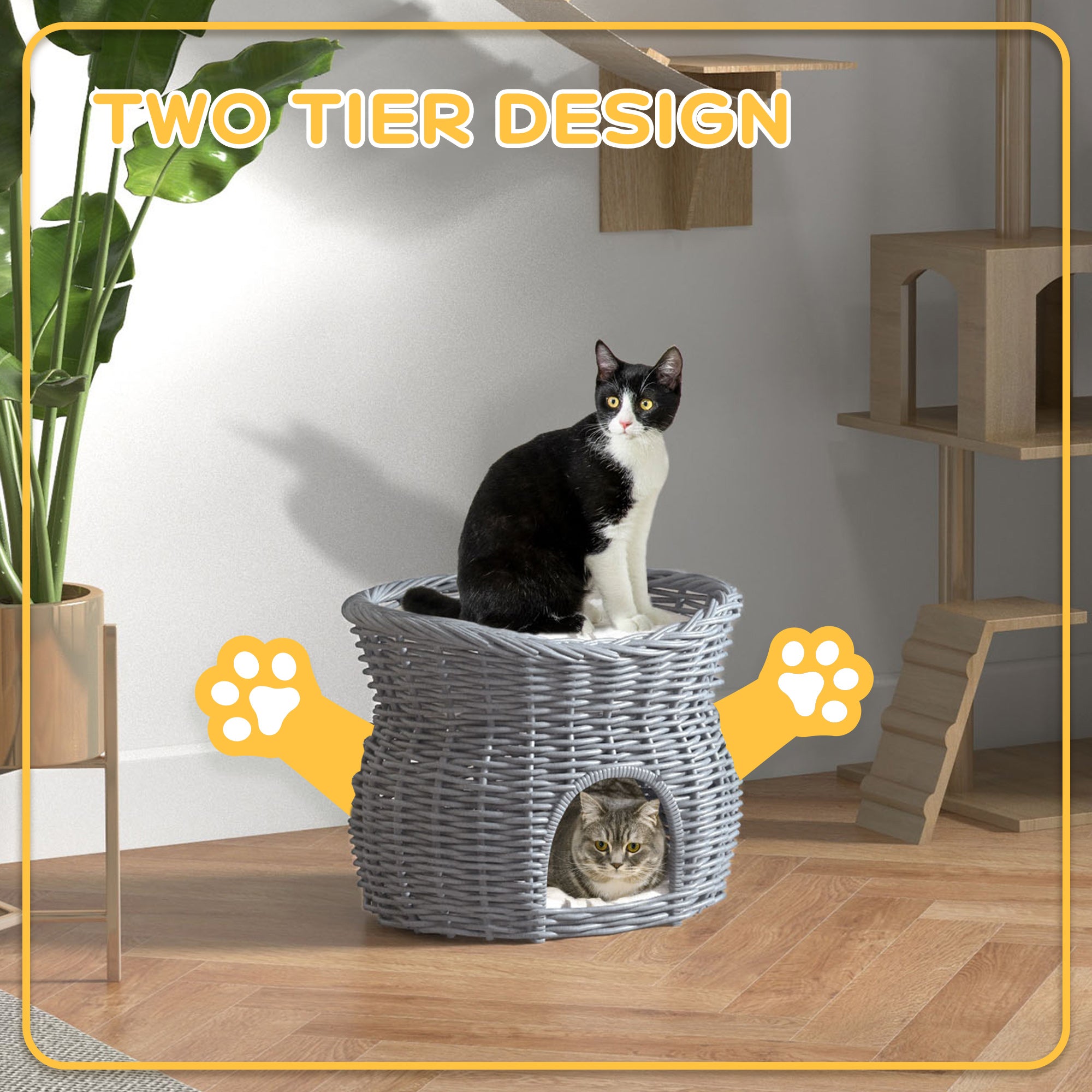 PawHut 2-Tier Wicker Cat House Elevated Pet Bed Basket Willow Kitten Tower Pet Den. with Washable Cushions 56x37x40cm Grey