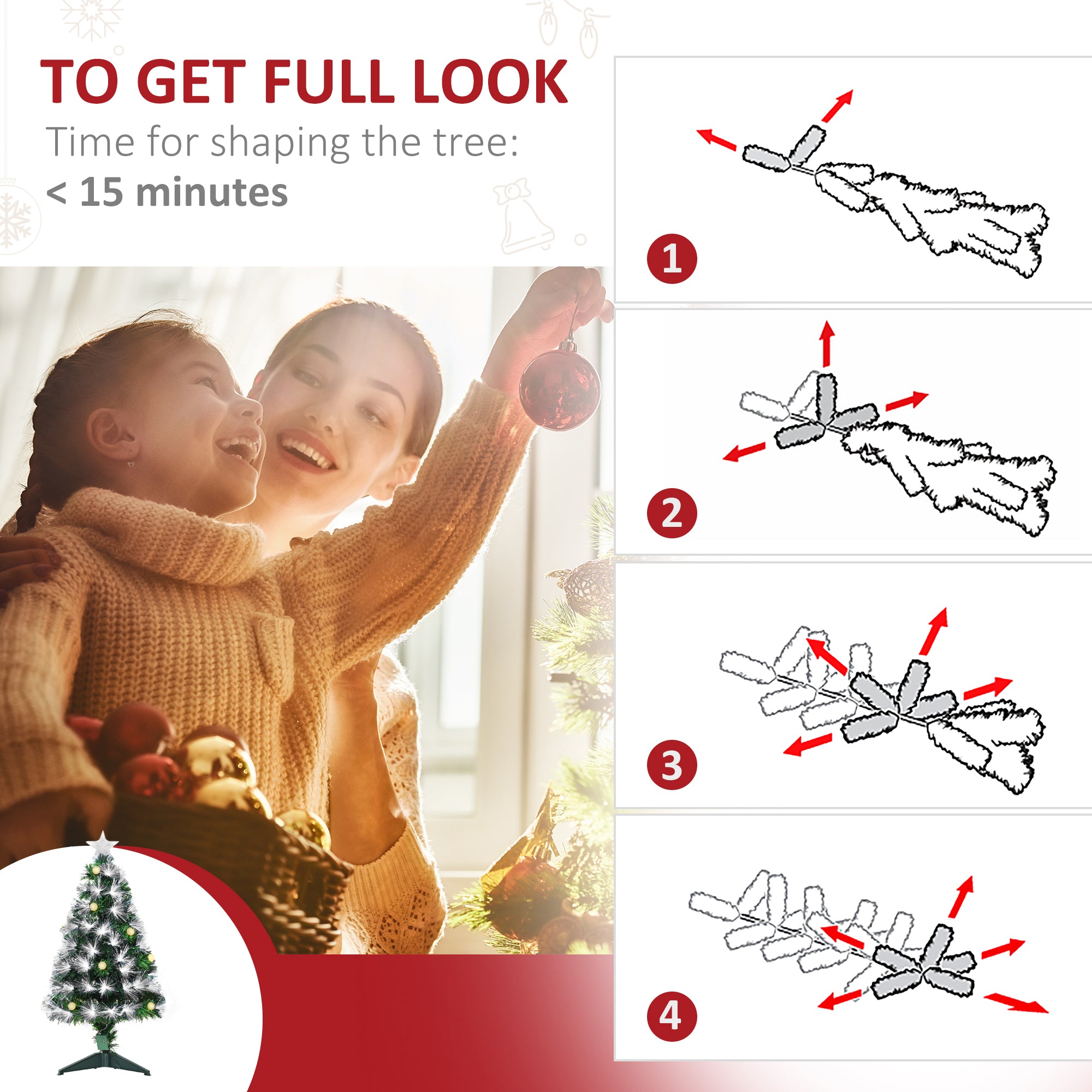 HOMCOM 3ft White Light Artificial Christmas Tree w/ 90 LEDs Star Topper Tri-Base Full Bodied Seasonal Decoration Pre-Lit Home - North Peak Garden Furniture