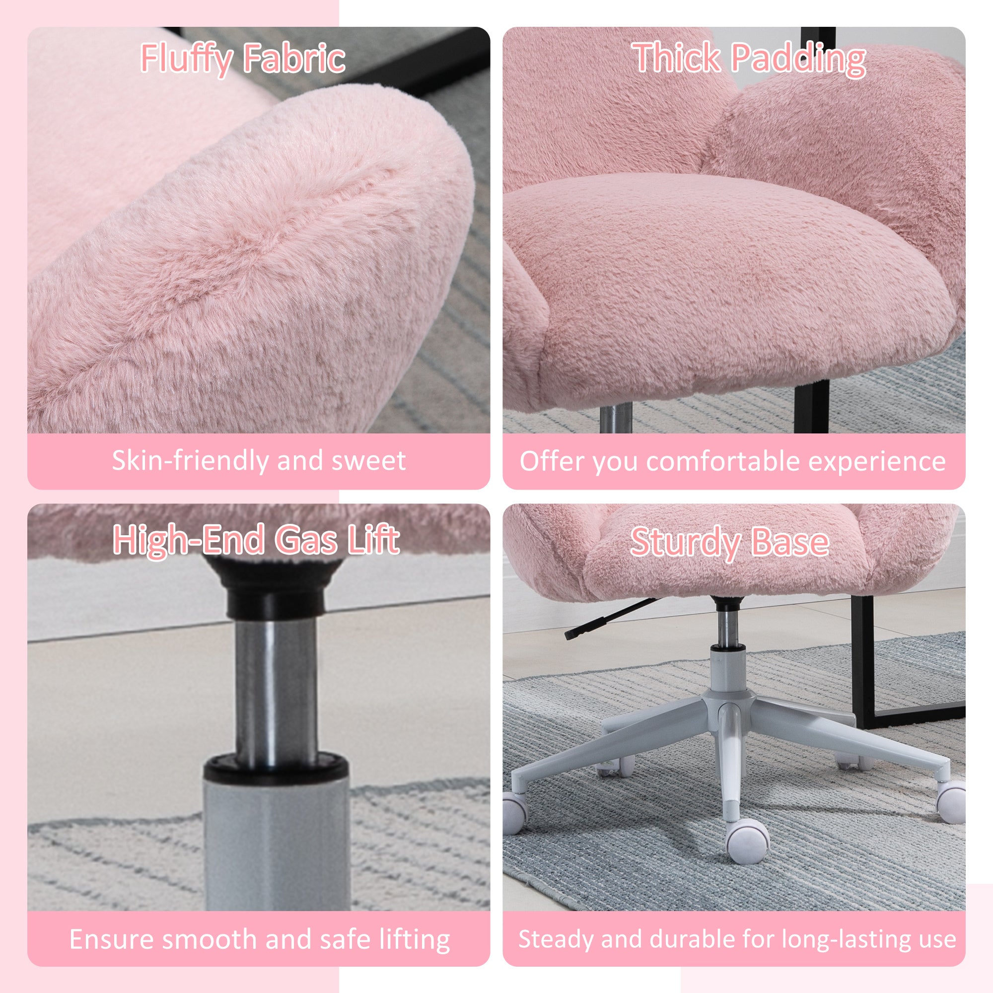 HOMCOM Makeup Vanity Chair, Cute Fluffy Desk Chair with Rolling Wheels for Bedroom Living Room, Pink - North Peak Garden Furniture