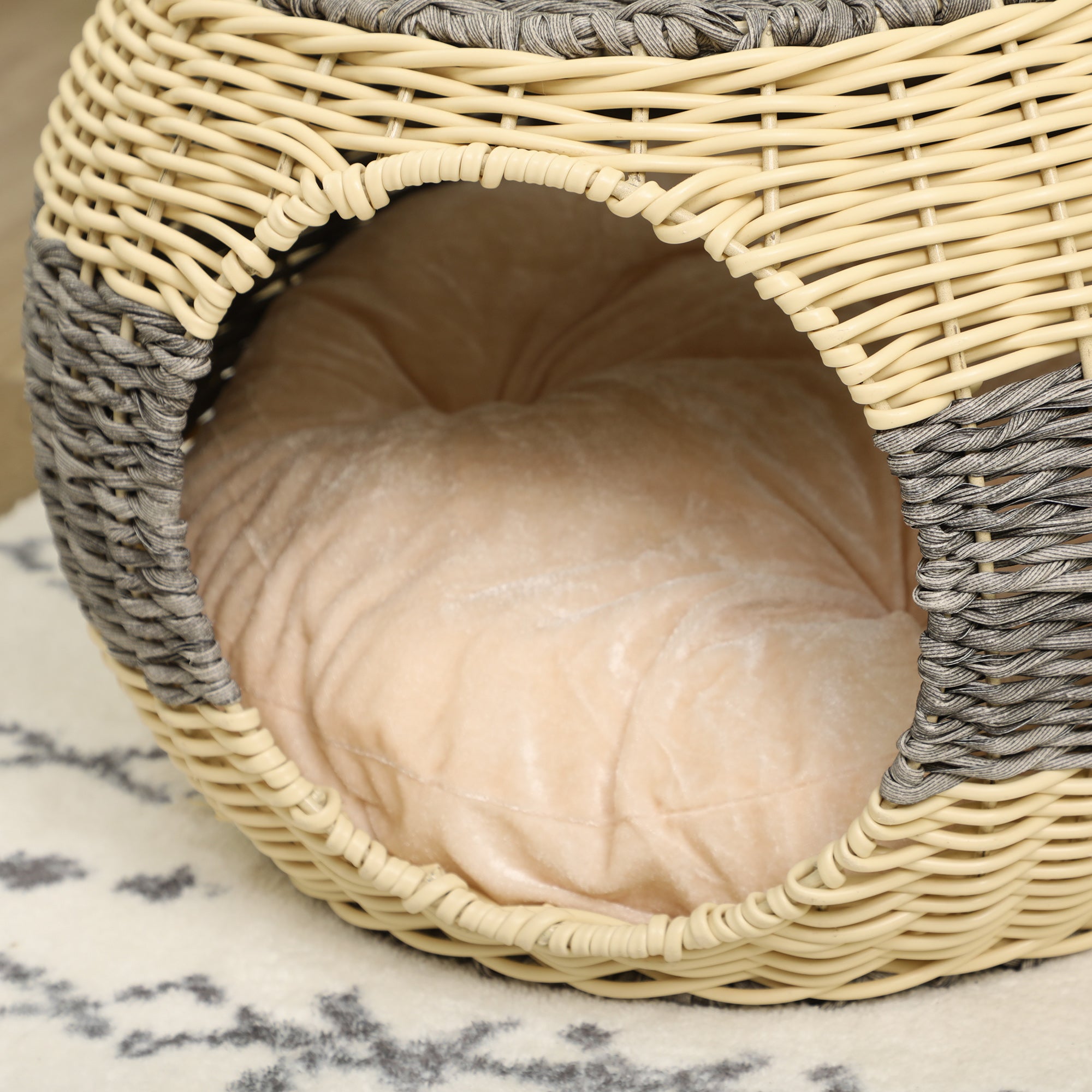 PawHut Wicker Cat House, Rattan Raised Cat Bed, Cosy Kitten Cave with Soft Washable Cushion, Φ40 x 30cm