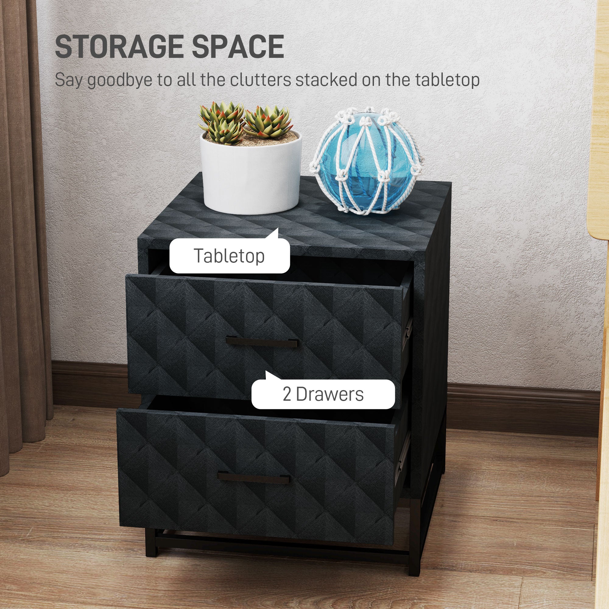HOMCOM Bedside Tables Set of 2, Modern Bedside Table Nightstand with 2 Drawers, Bedside Cabinet Sofa Side Table with Storage, Steel Legs for Bedroom, Living Room, Black - North Peak Garden Furniture