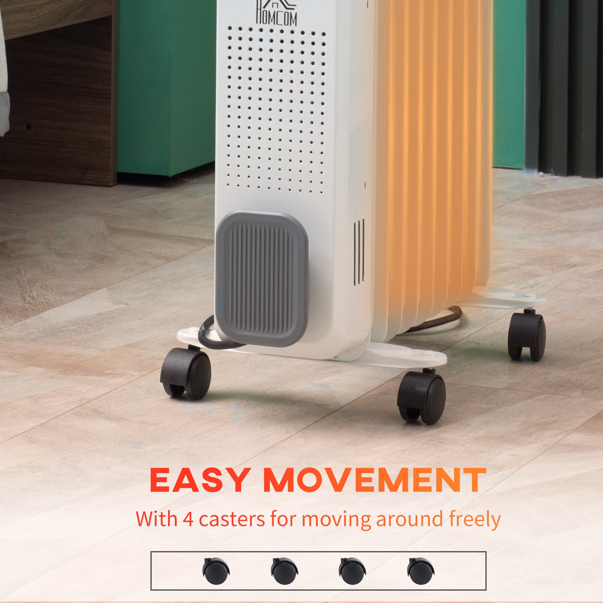HOMCOM 2000W Oil Filled Radiator, 9 Fin, Portable Electric Heater with 3 Heat Settings, Safety Cut-Off and Wheels, White - North Peak Garden Furniture