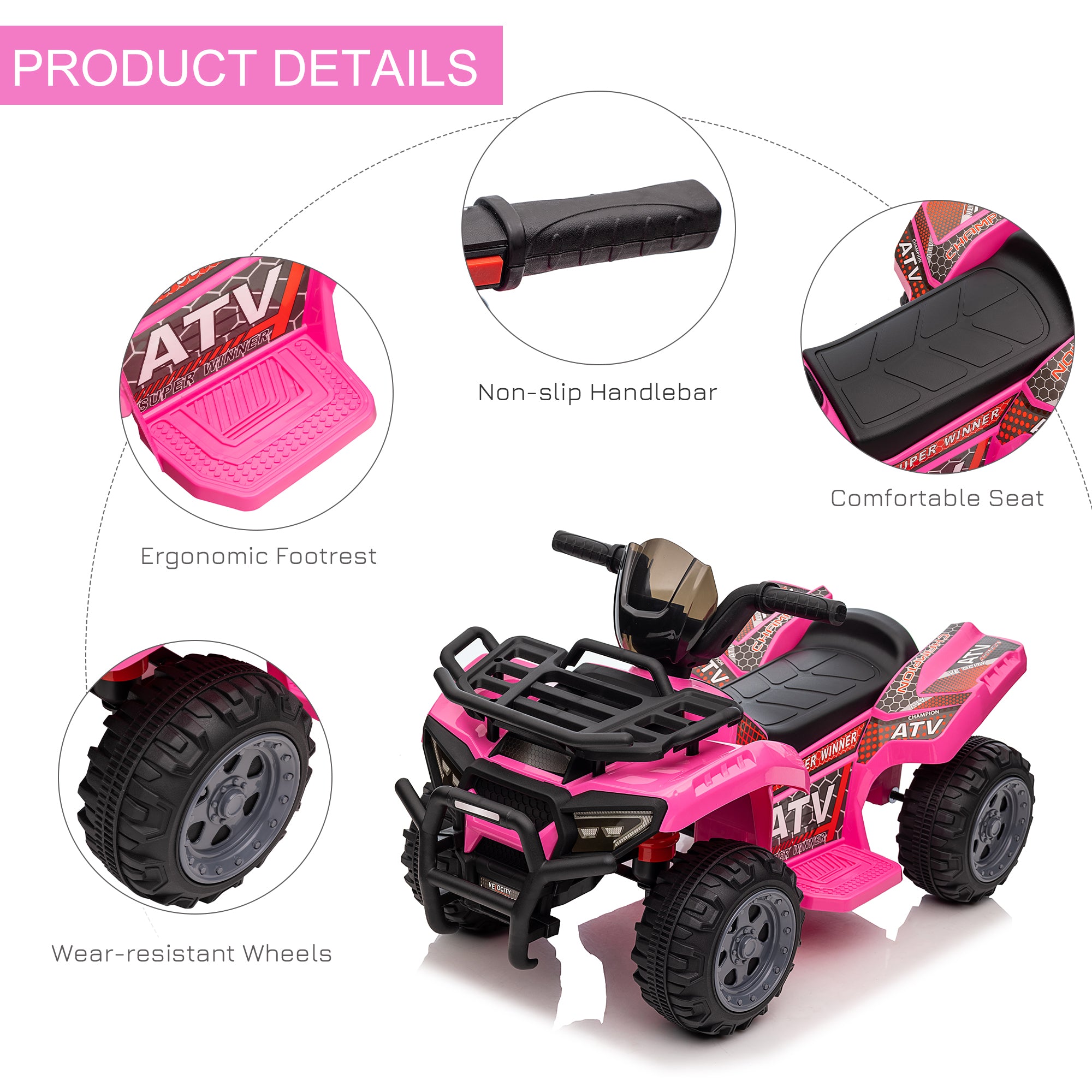 HOMCOM 6V Kids Electric Ride on Car Toddlers Quad Bike All Terrain Vehicle Toy With Music for 18-36 months Pink - North Peak Garden Furniture
