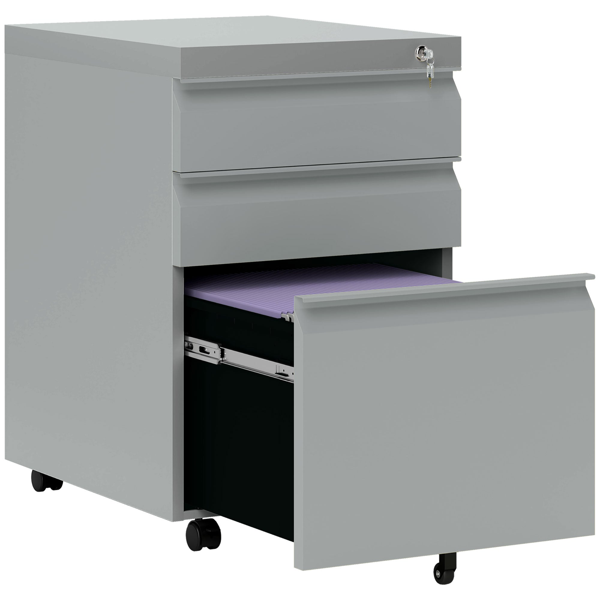 Vinsetto 3 Drawer Filling Cabinet, Mobile Metal File Cabinet with Anti-tilt Design for Letter, A4, Legal Size, Grey - North Peak Garden Furniture