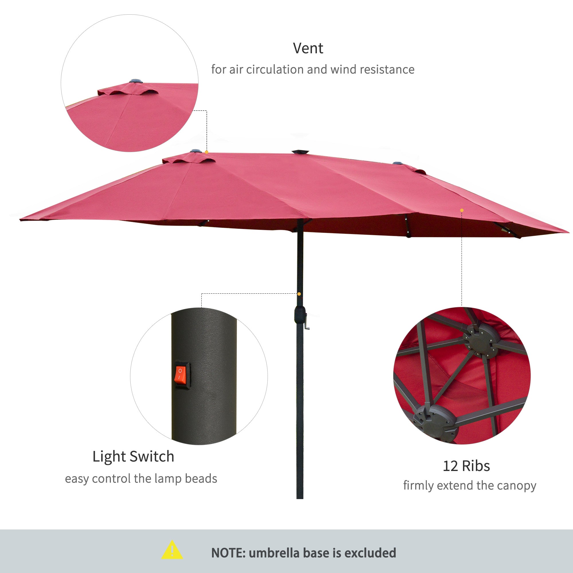 Outsunny 4.4m Double-Sided Sun Umbrella Patio Parasol LED Solar Lights Red - North Peak Garden Furniture