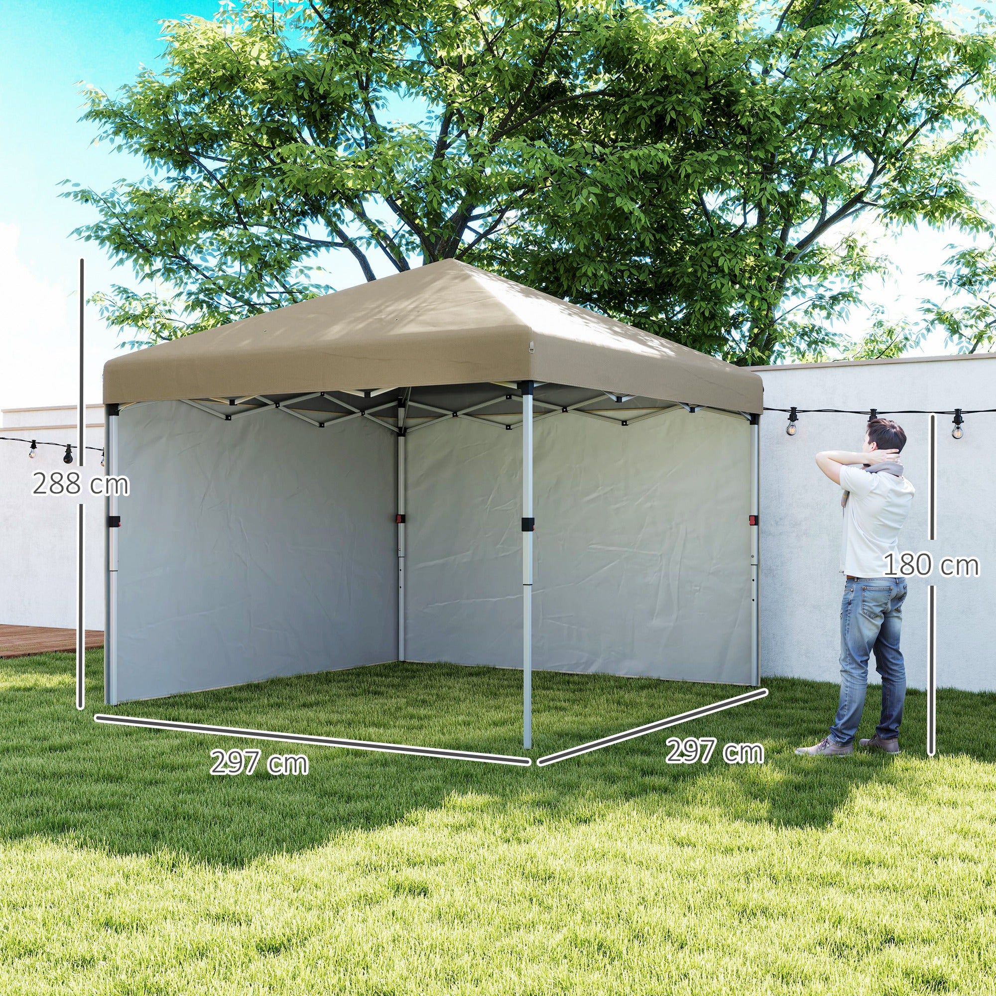 Outsunny 3 x 3 (M) Pop Up Gazebo, UPF 30+ with 2 Sidewalls, Leg Weight Bags and Wheeled Bag, Height Adjustable Party Tent Event Shelter for Garden, Patio, Khaki - North Peak Garden Furniture