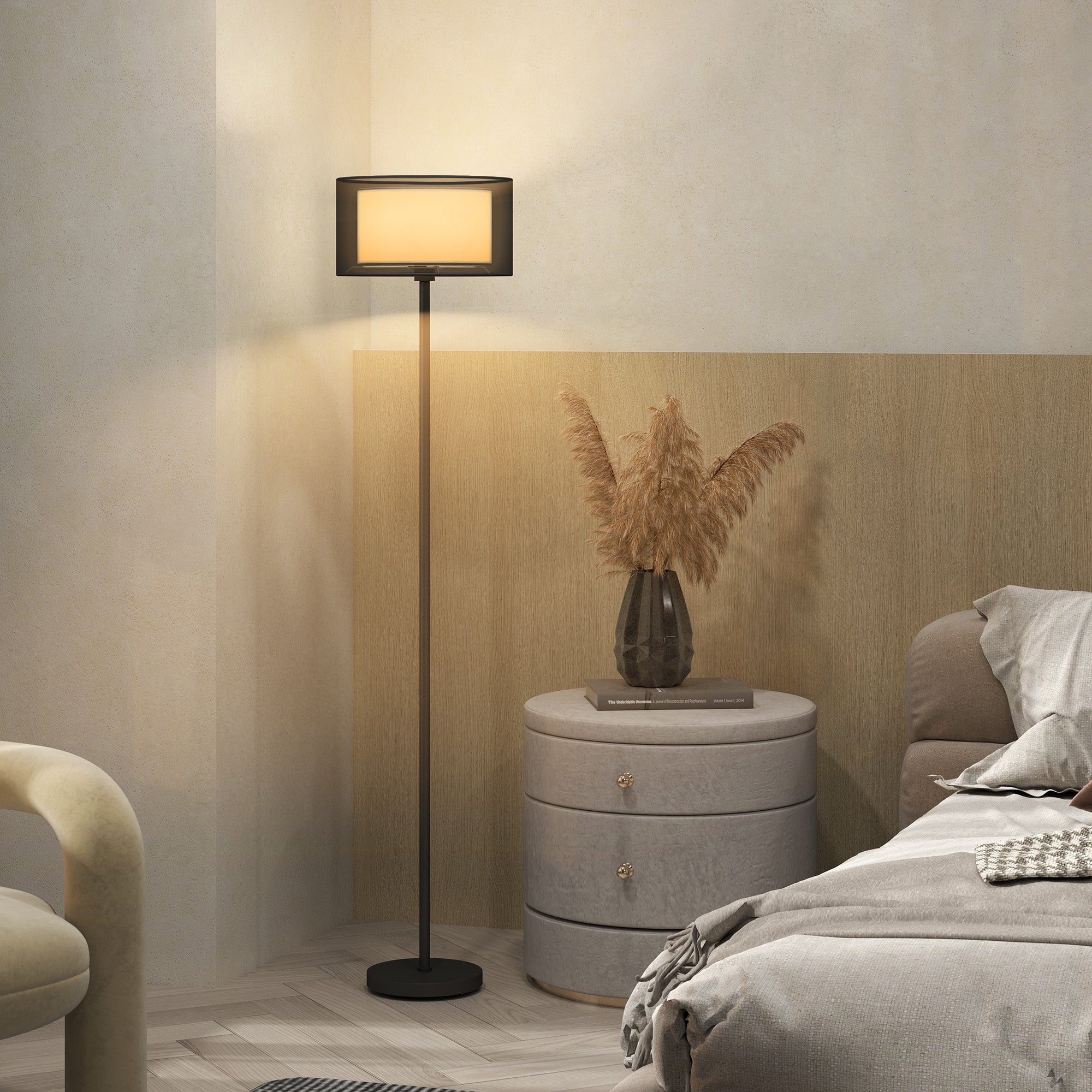 HOMCOM Floor Lamp for Living Room, Modern Standing Lamp with Double Layer Shade & Foot Switch, Minimalist Tall Pole Lampshade for Bedroom, Office, Black - North Peak Garden Furniture