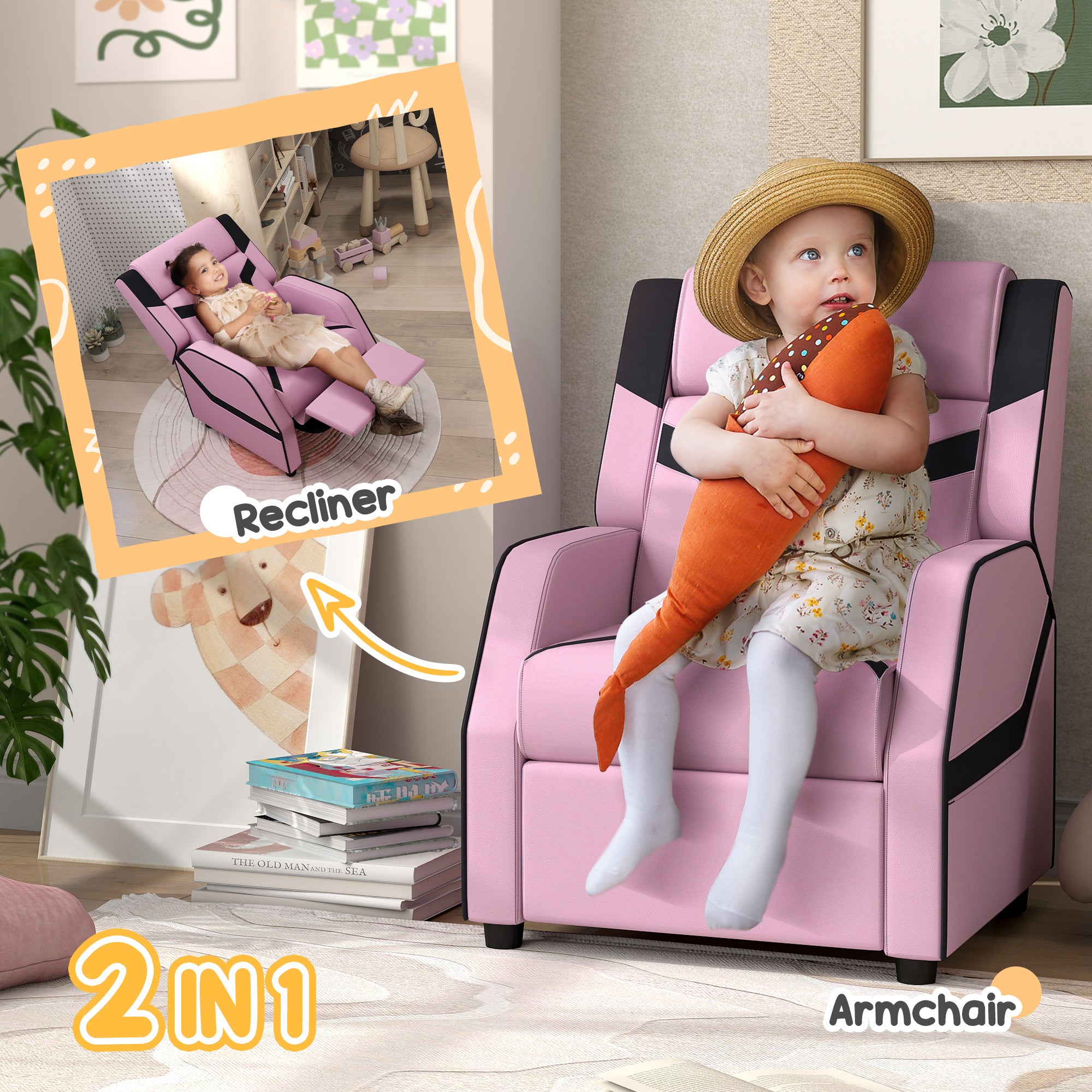 AIYAPLAY 2 in 1 Kids Chair Recliner with Backrest, Armrest, Footrest, PU Leather, for 3-9 Years Old, Pink - North Peak Garden Furniture