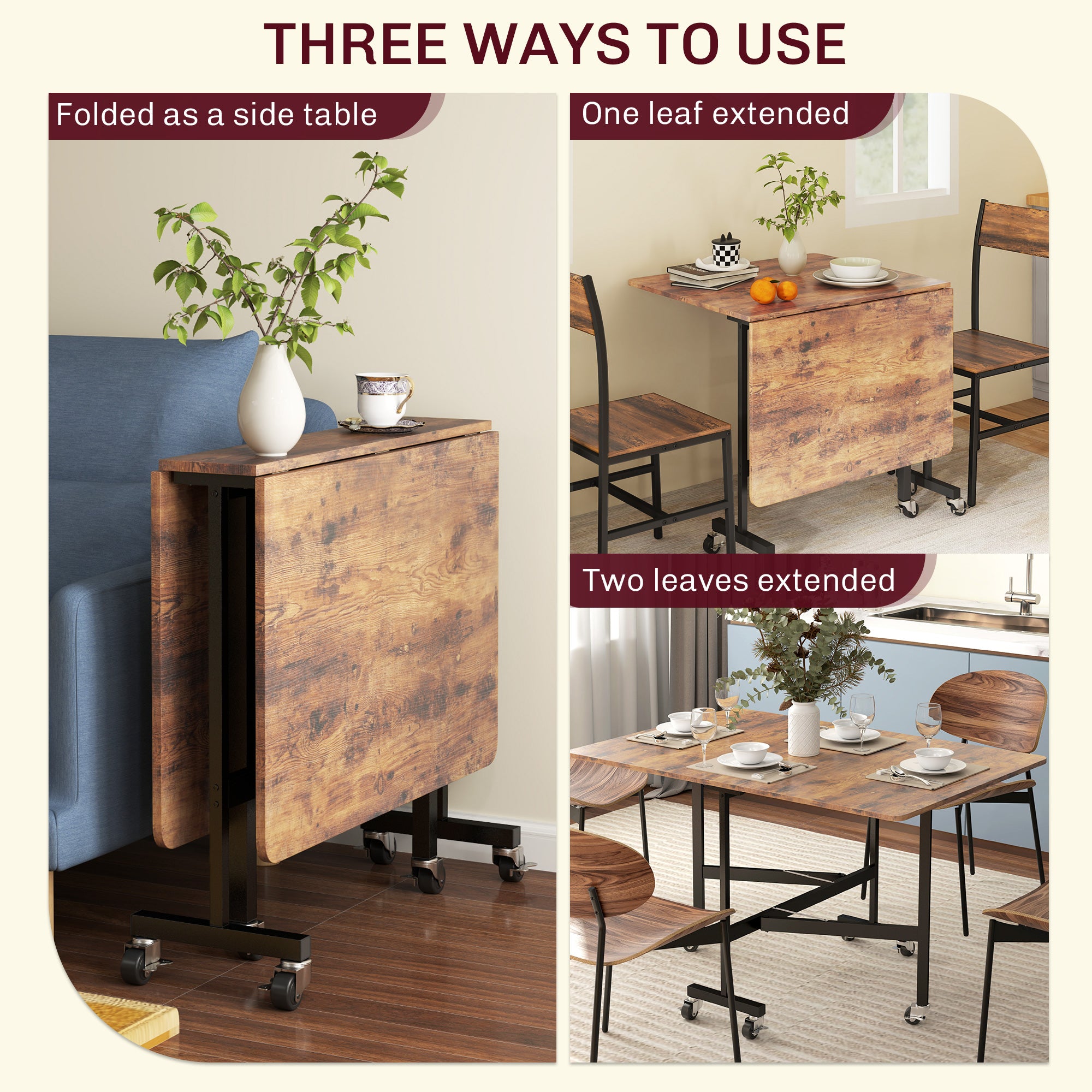 HOMCOM Six-Seater Drop-Leaf Dining Table, with Wheels - Brown Wood-Effect - North Peak Garden Furniture