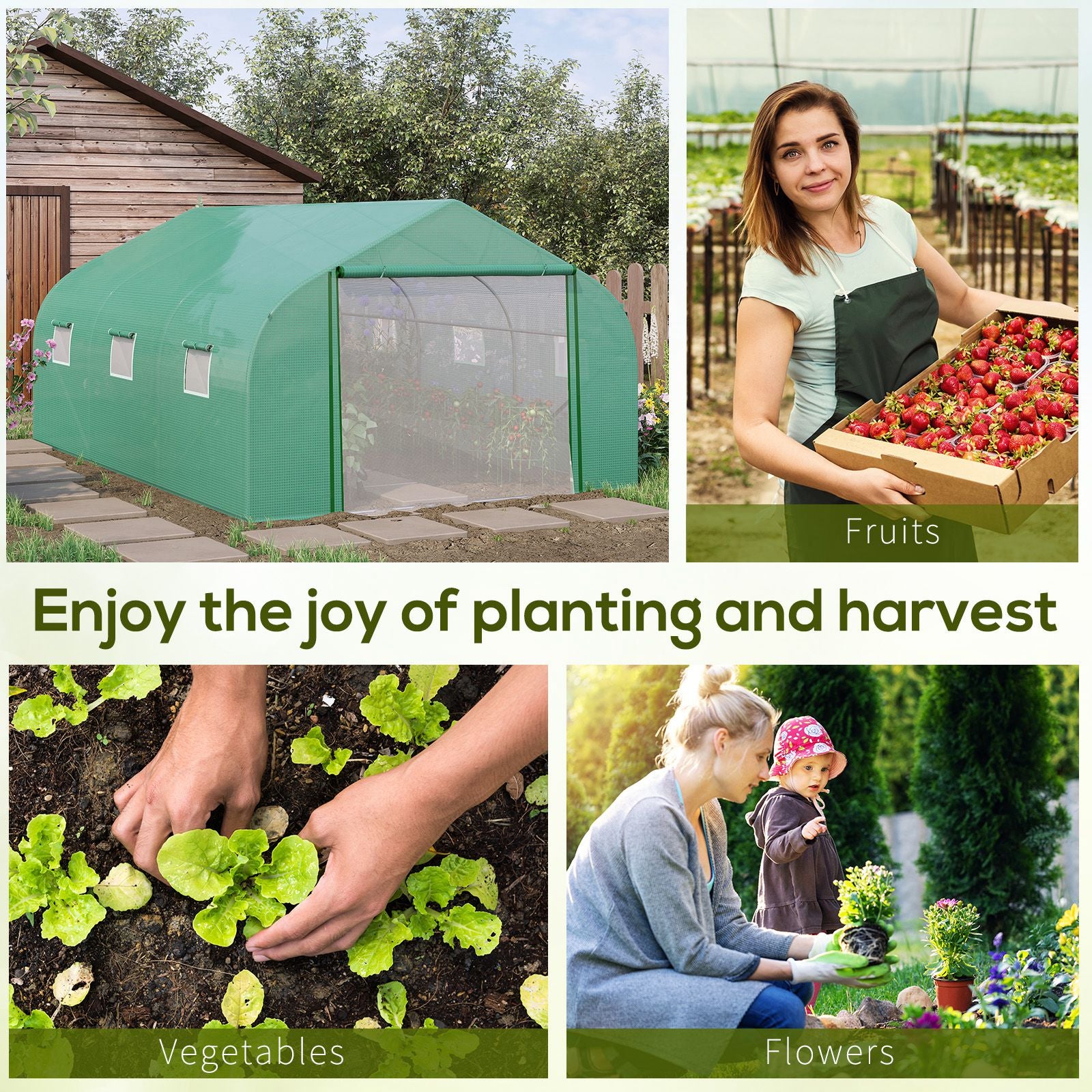 Outsunny Walk-in Polytunnel Garden Greenhouse, Outdoor Mesh Door Greenhouse with PE Cover and 6 Windows, 4.5 x 3 x 2m, Green - North Peak Garden Furniture