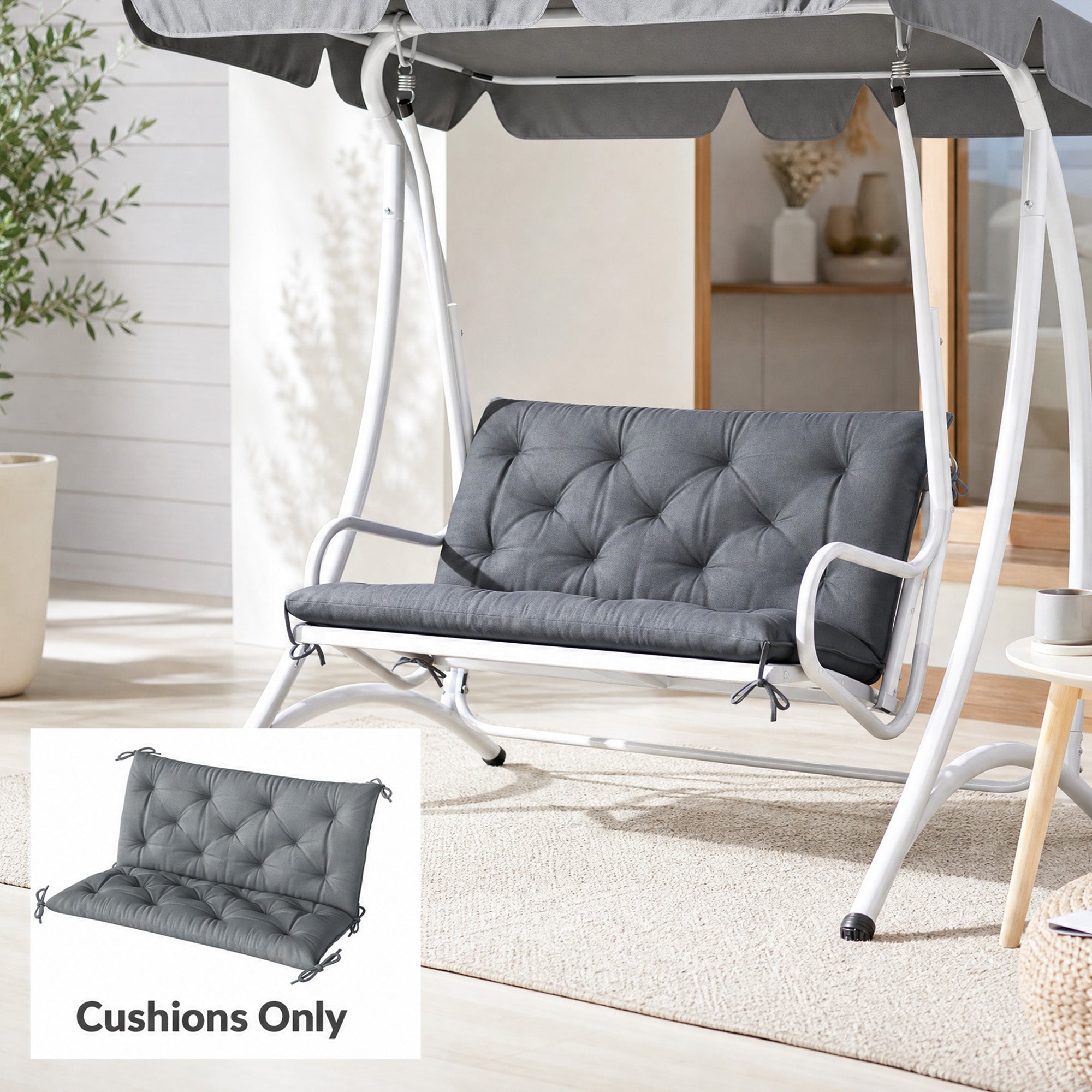 Outsunny 2 Seater Bench Cushion, Garden Chair Cushion with Back and Ties for Indoor and Outdoor Use, 98 x 100 cm, Dark Grey