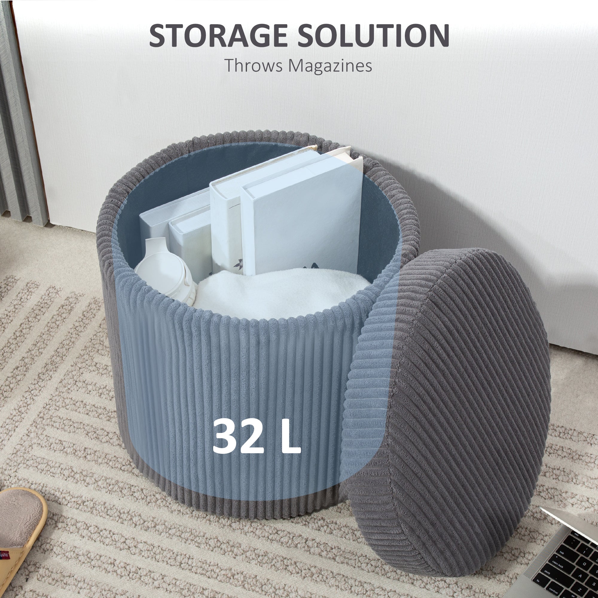 HOMCOM 40cm Round Storage Ottoman, Corduroy Footstool with Removable Lid and Legs, Vanity Stool for Living Room, Bedroom, Grey - North Peak Garden Furniture