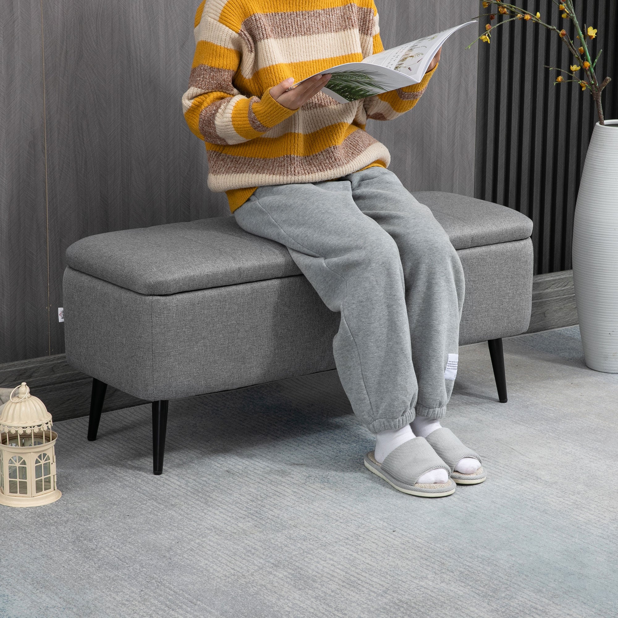 HOMCOM Storage Ottoman with Flip Top, Rectangular Upholstered Bench, Linen Fabric Footstool with Steel Legs for Living Room, Bedroom, Grey - North Peak Garden Furniture