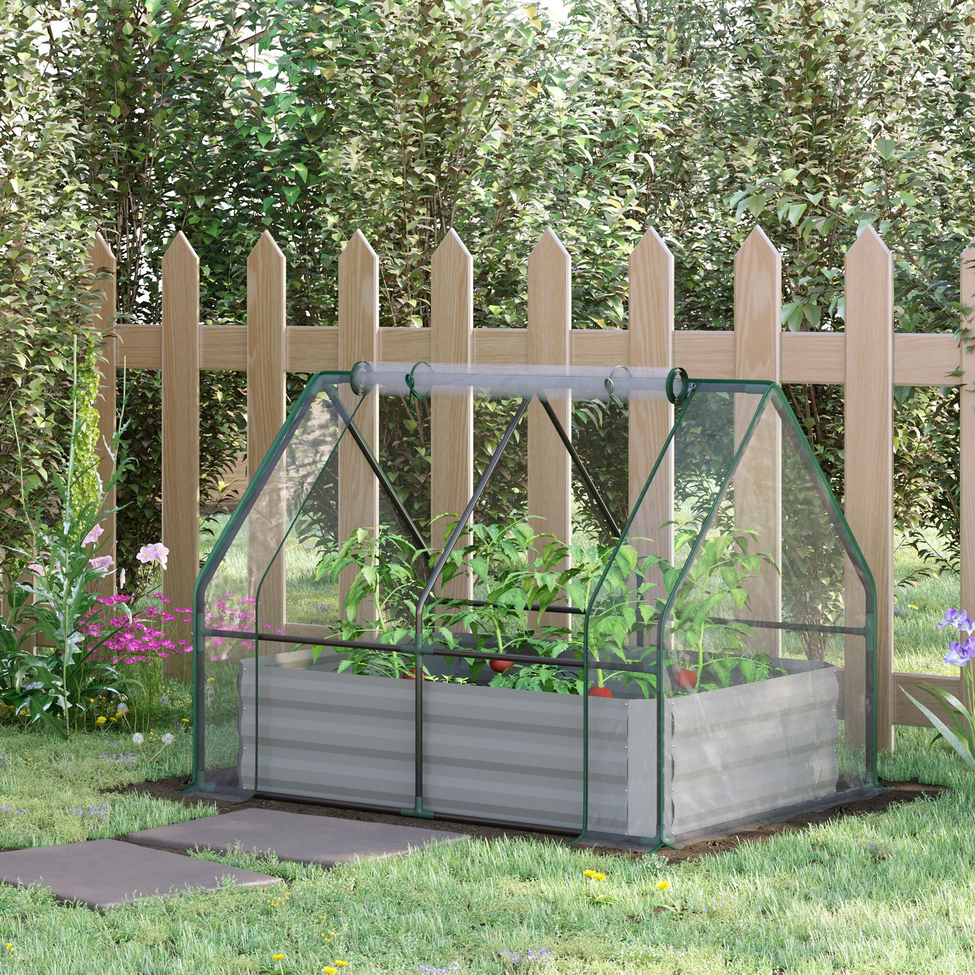 Outsunny Raised Garden Bed with Greenhouse, Steel Planter Box with Plastic Cover, Roll Up Window, Dual Use for Flowers, Vegetables, Fruits and Herbs, 127L x 95W x 92H cm, Clear