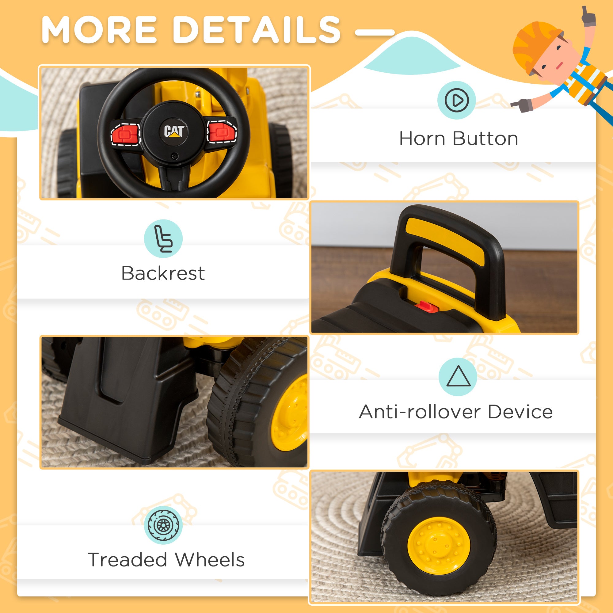 HOMCOM CAT Licensed Kids Ride on Digger Toddler Pretend Construction Play Toy Foot-To-Floor Ride-On Toy w/ Manual Shovel, Horn, Hidden Storage, for Ages 1-3 Years - North Peak Garden Furniture
