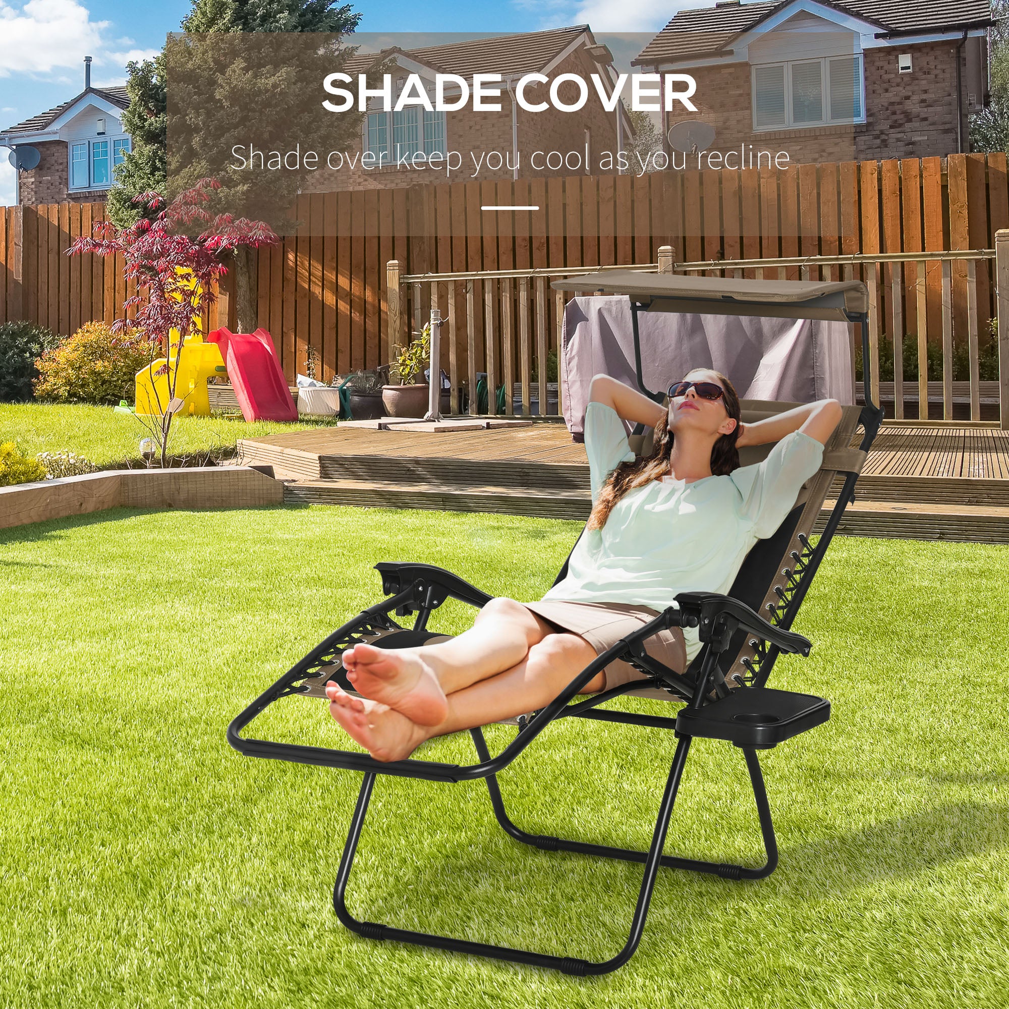 Outsunny Zero Gravity Lounger Chair, Folding Reclining Patio Chair with Shade Cover, Cup Holder, Soft Cushion and Headrest for Poolside, Camping, Brown - North Peak Garden Furniture