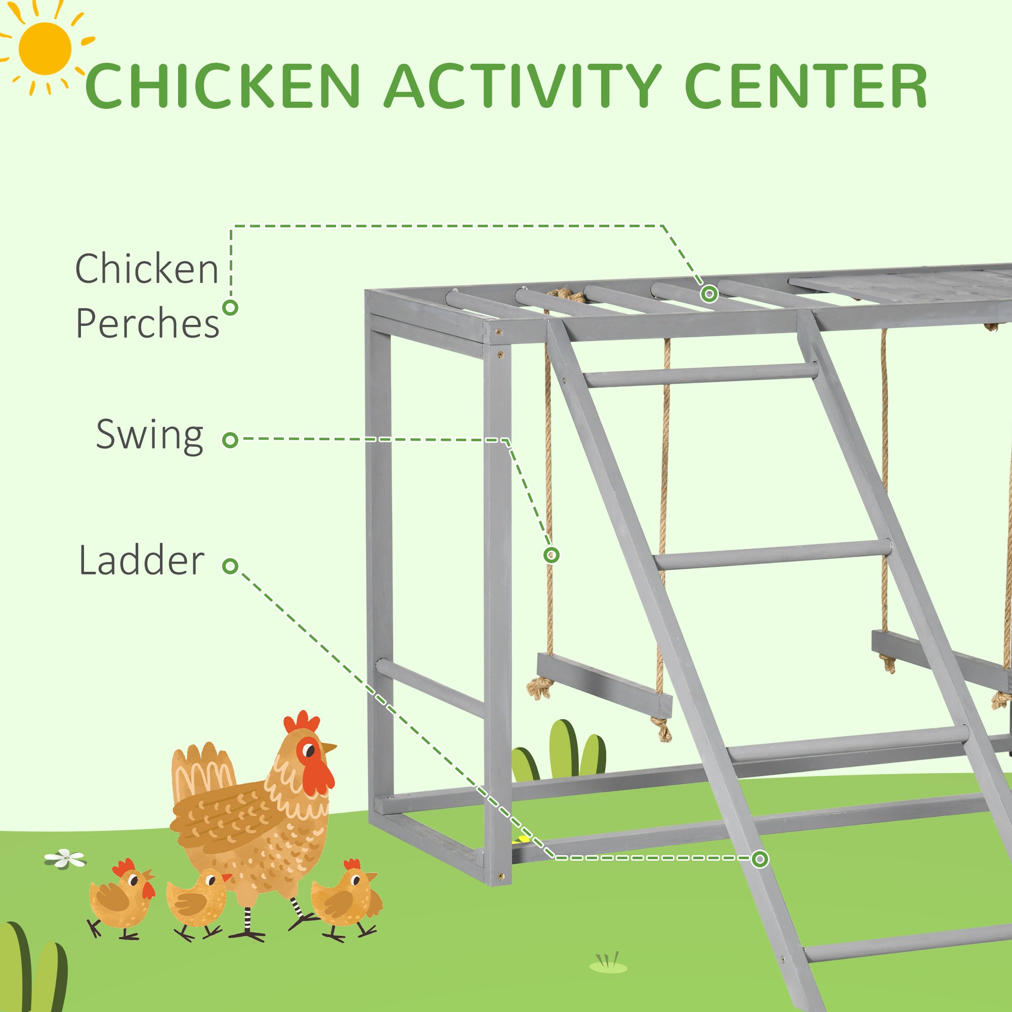 PawHut Chicken Activity Play with Swing Set for 3-4 Chickens, Wooden Chicken Coop, Grey - North Peak Garden Furniture