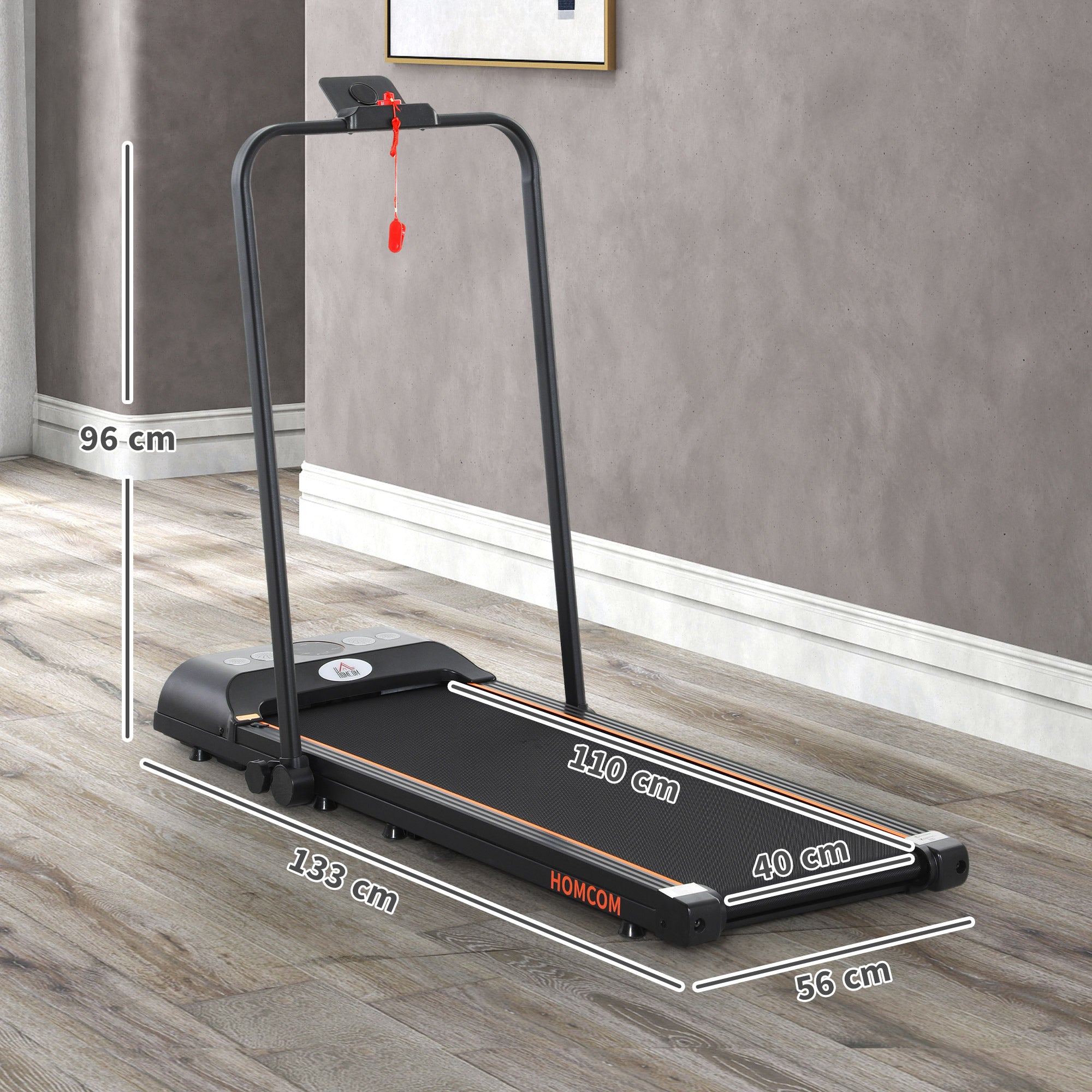HOMCOM Foldable Walking Treadmill, with LED Display and Wheels, for Home, Office, Fitness Studio, Orange - North Peak Garden Furniture