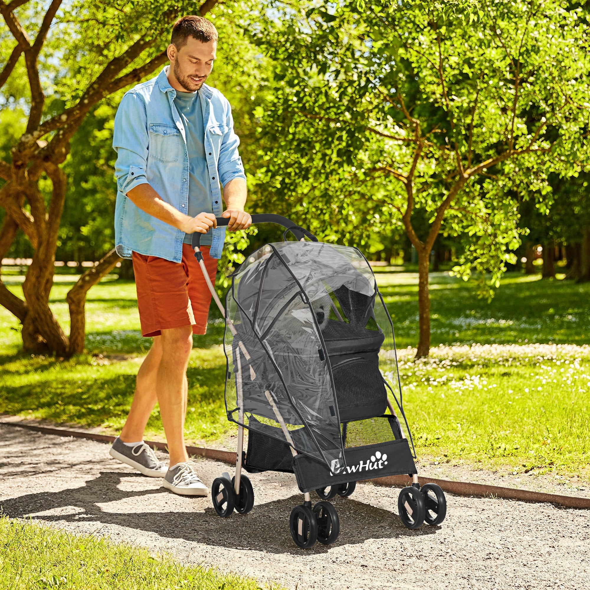PawHut Detachable Pet Stroller with Rain Cover, 3 In 1 Cat Dog Pushchair, Foldable Carrying Bag w/ Universal Wheels, Brake, Canopy, Basket, Storage Bag for Small and Tiny Dogs - Black - North Peak Garden Furniture