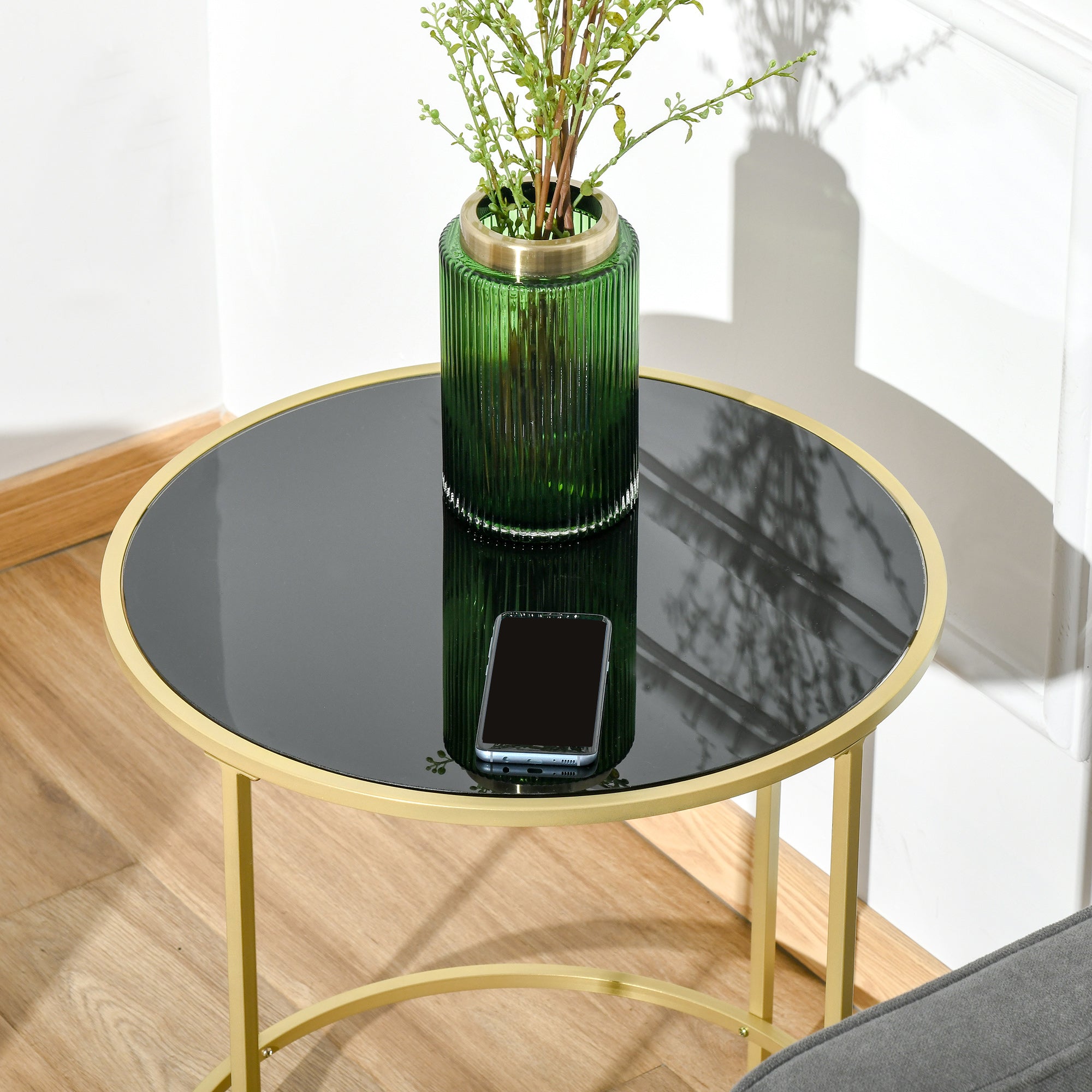 HOMCOM Round Side Table Morden Coffee Tables with Gold Metal Base, Table with Tempered Glass Tabletop, for Living Room, Bedroom, dining room