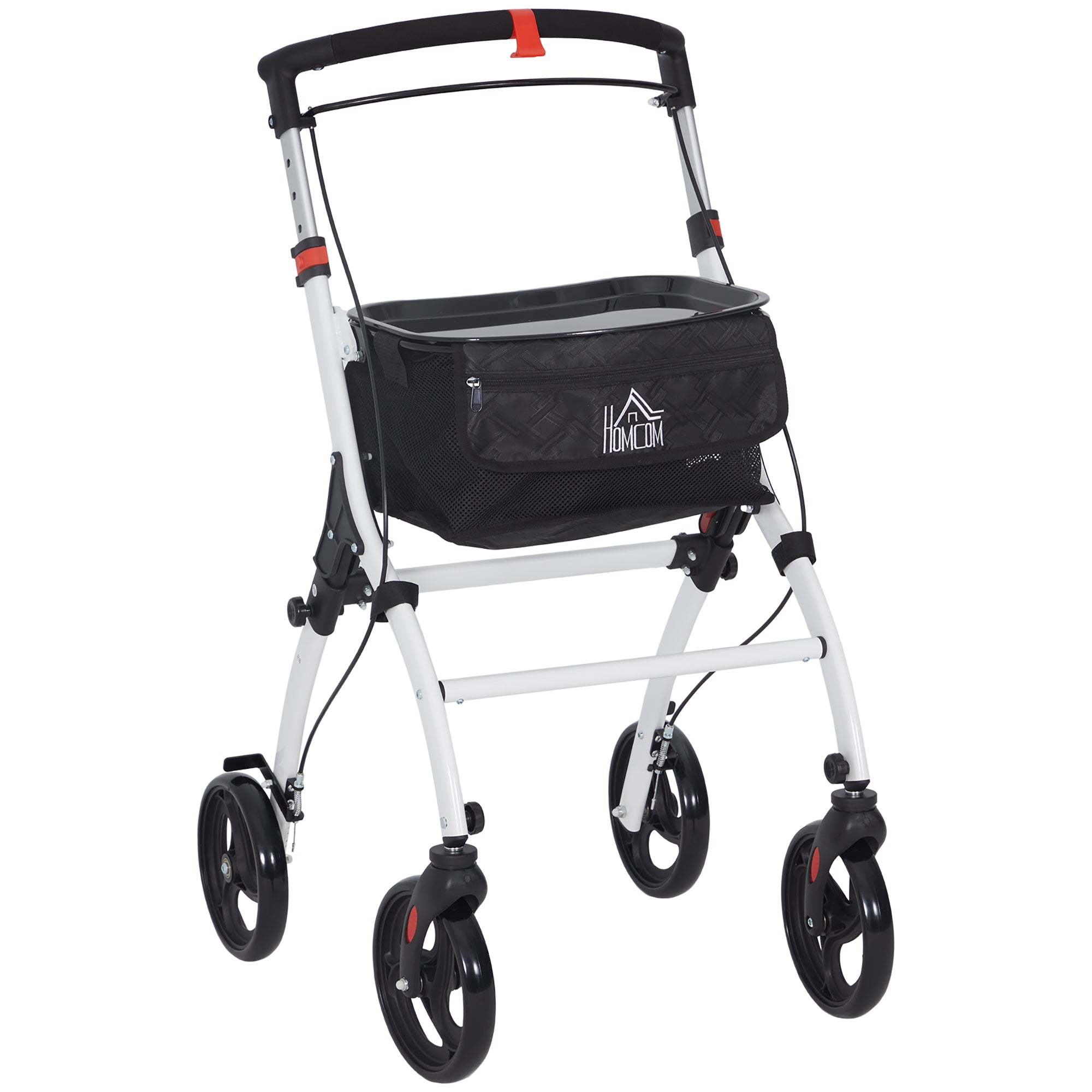 HOMCOM Folding Upright Rollator Walker with Lightweight Walking Frame, Storage Bag, Tray, Dual Brakes, Adjustable Handle Height, Mobility Aid Rolling 4 Wheeled Walker for Seniors, White - North Peak Garden Furniture