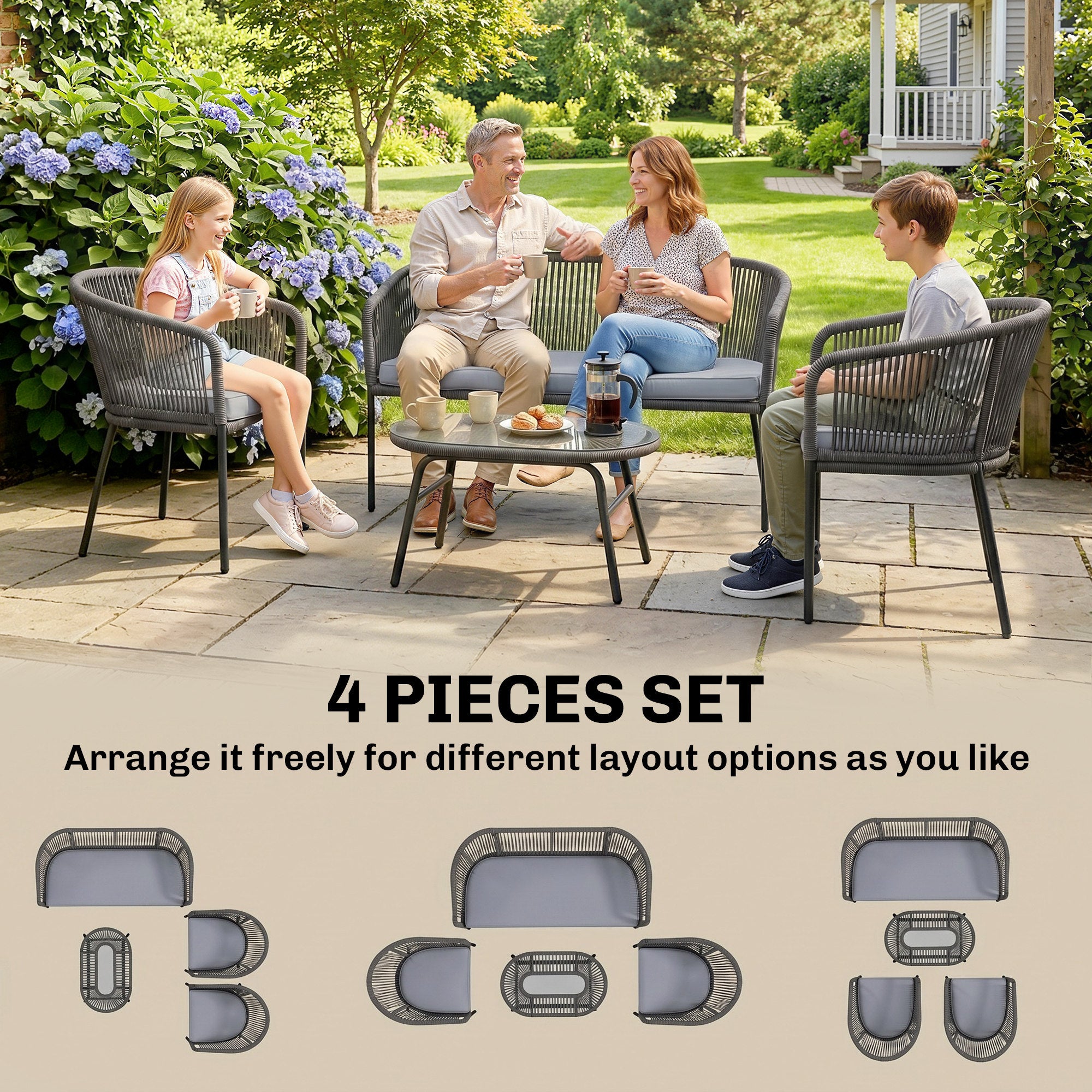 Outsunny 4 Piece Garden Furniture Set, Rope Garden Sofa Set with 1 Loveseat 2 Chairs Tempered Glass Table Cushions, Dark Grey