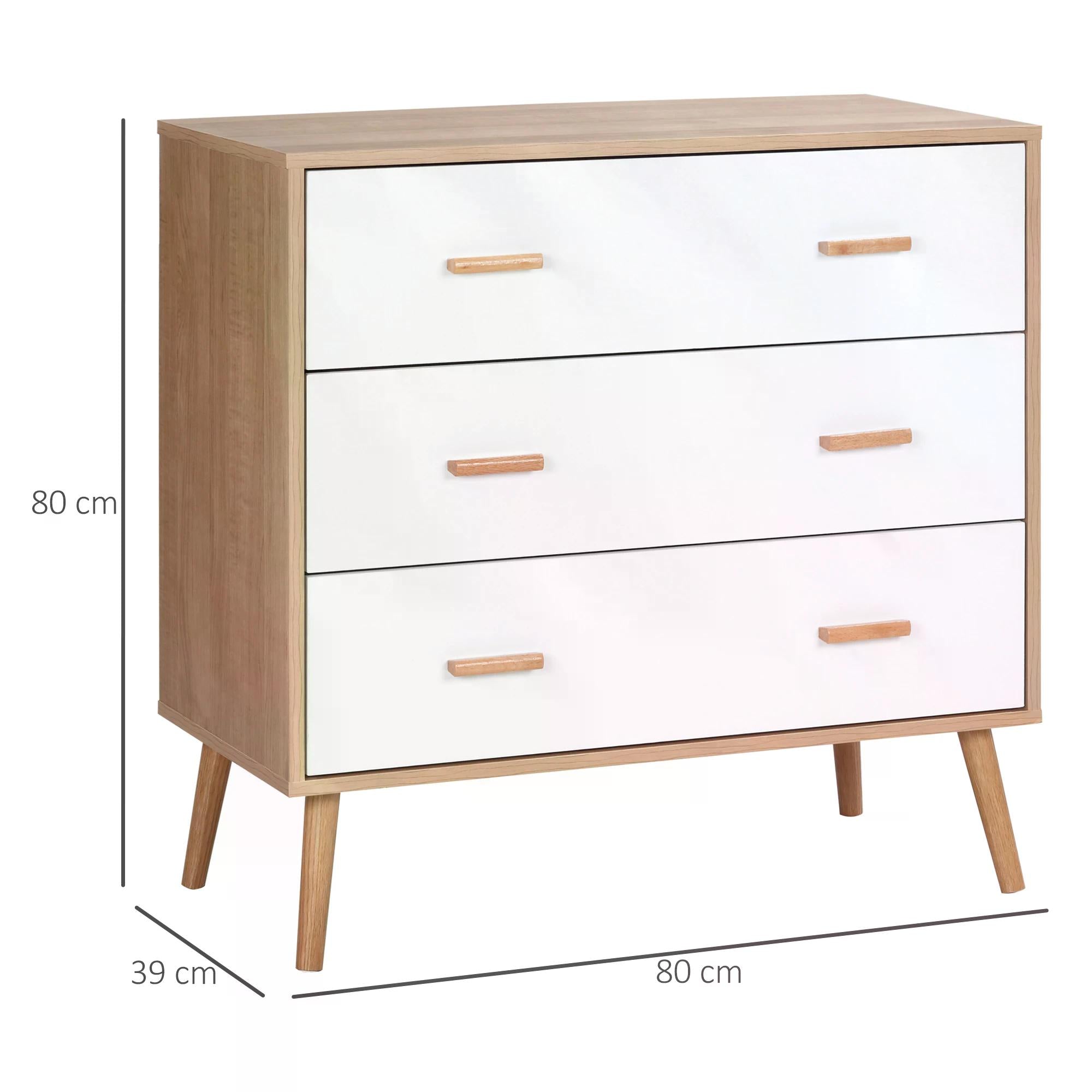 HOMCOM Modern Chest of Drawers, 3-Drawer Bedroom Storage Cabinet, White and Natural Wood Finish | Aosom UK