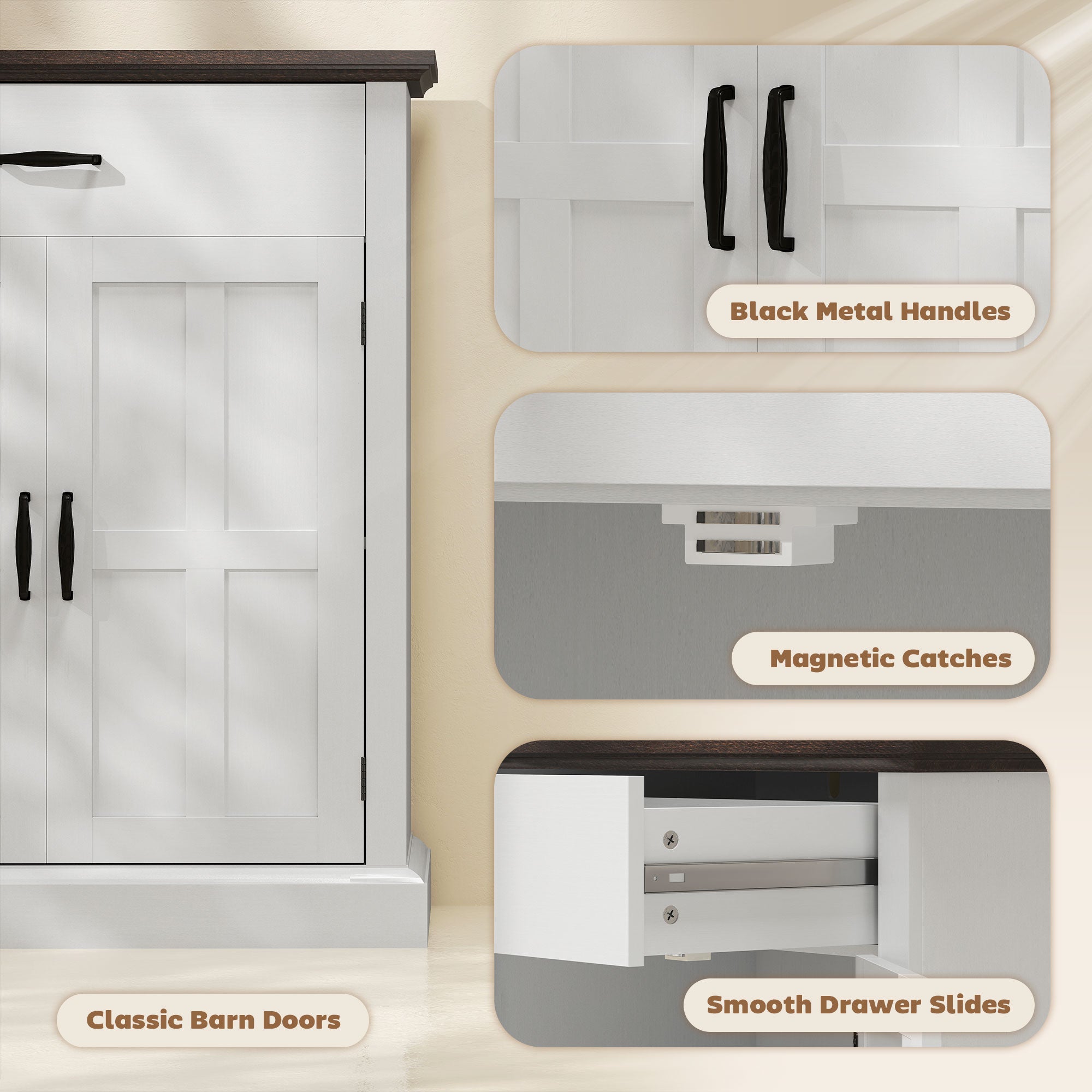 HOMCOM Farmhouse Sideboard with 3 cm Thick Top 2 Barn Doors - White - North Peak Garden Furniture