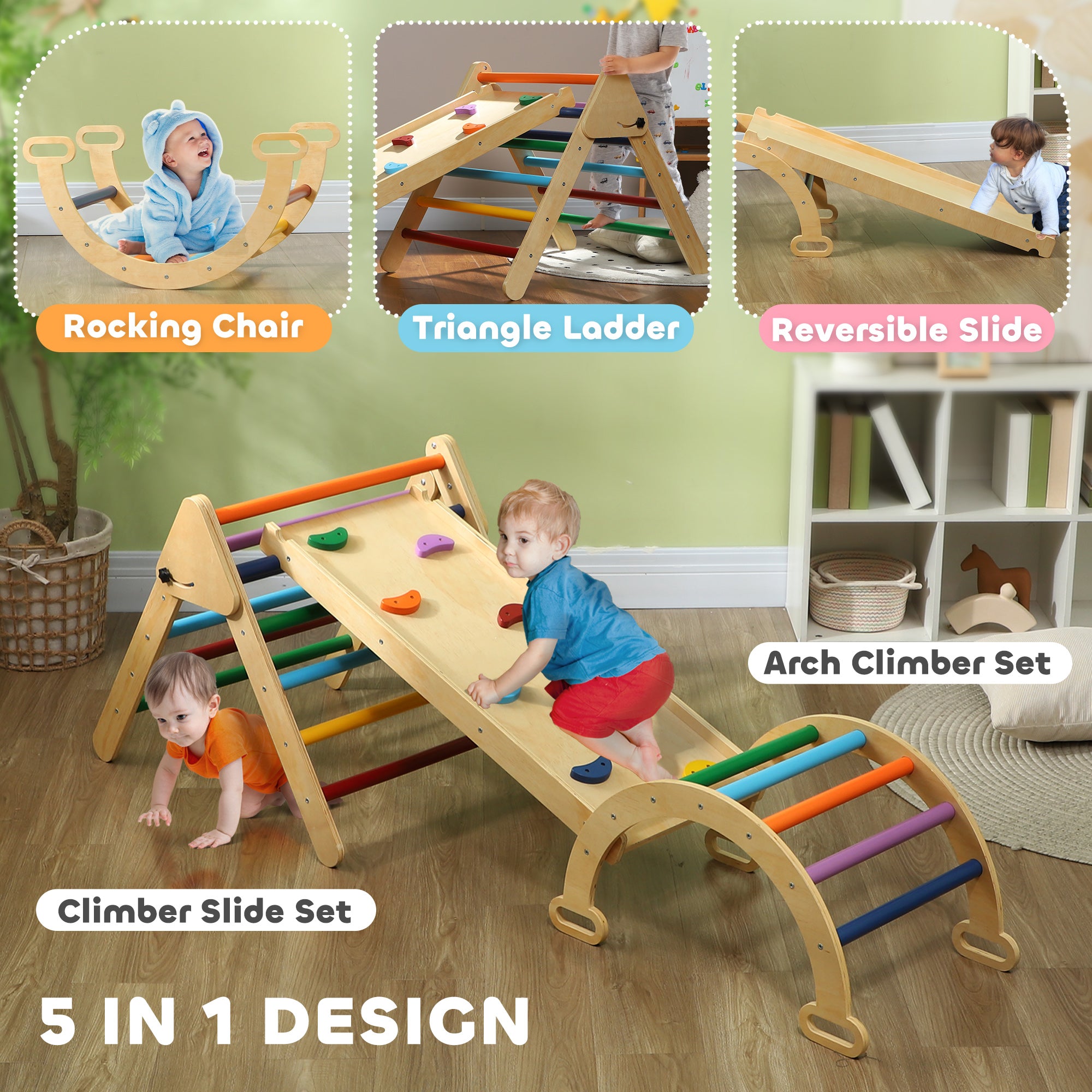 AIYAPLAY 5 in 1 Toddler Climbing Frame with Ramp, Arch, for 18-48 Months, Multicolour - North Peak Garden Furniture