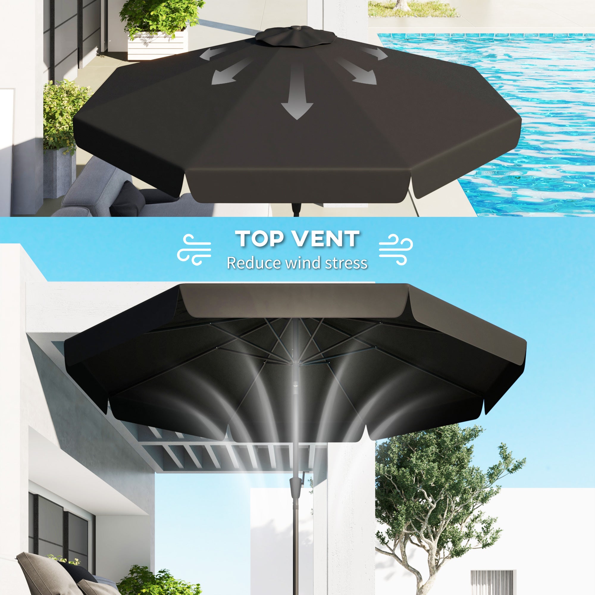 Outsunny 2.7m Patio Parasol Garden Umbrellas Outdoor Sun Shade Table Umbrella with Tilt, Crank, 8 Ribs, Ruffles, Black - North Peak Garden Furniture