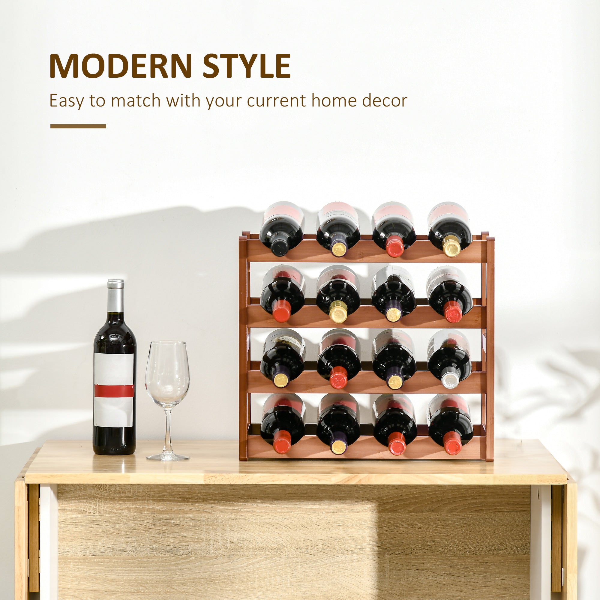 HOMCOM Free Standing Bamboo Wine Rack with 16 Bottles Holder, 4-tier Water Bottle Organizer, Display Shelf for Countertop, Home Bar, Brown