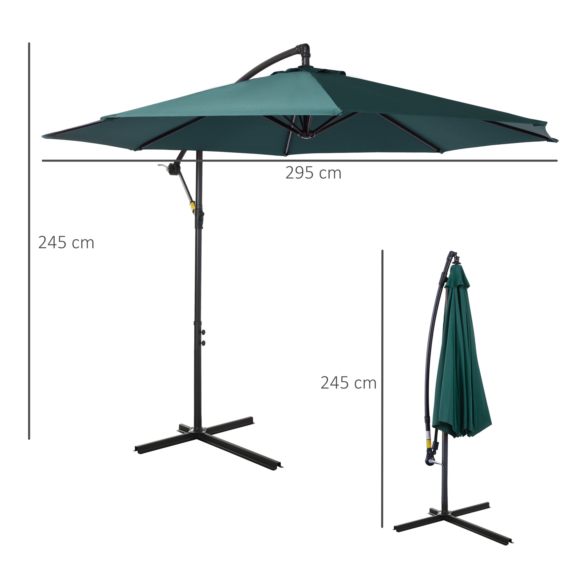 Outsunny Cantilever Canopy: 3m Banana Hanging Parasol with Crank Handle, 8 Ribs & Cross Base, Outdoor Dark Green Sun Shade