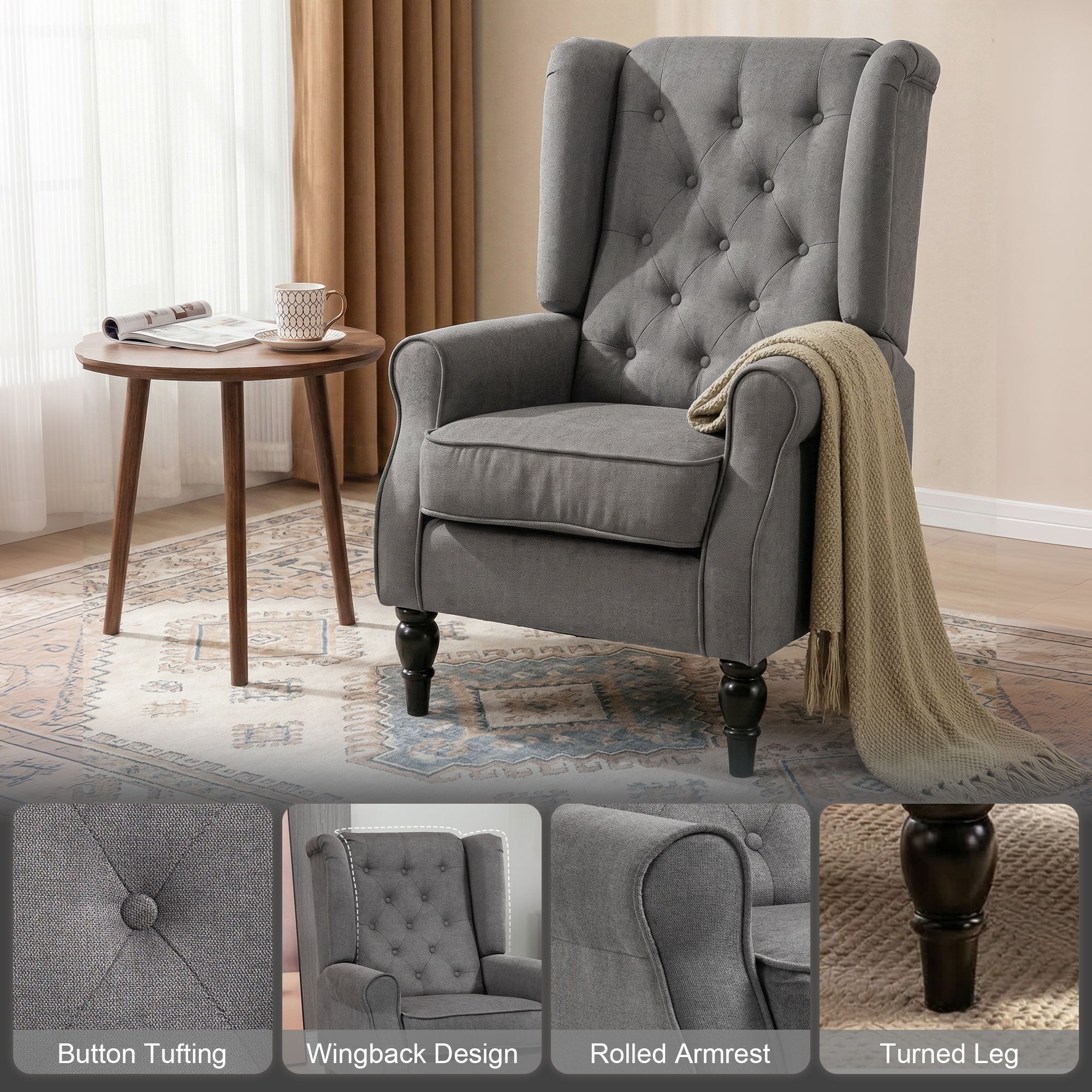 HOMCOM Retro Accent Chair, Wingback Armchair with Wood Frame Button Tufted Design for Living Room Bedroom, Dark Grey