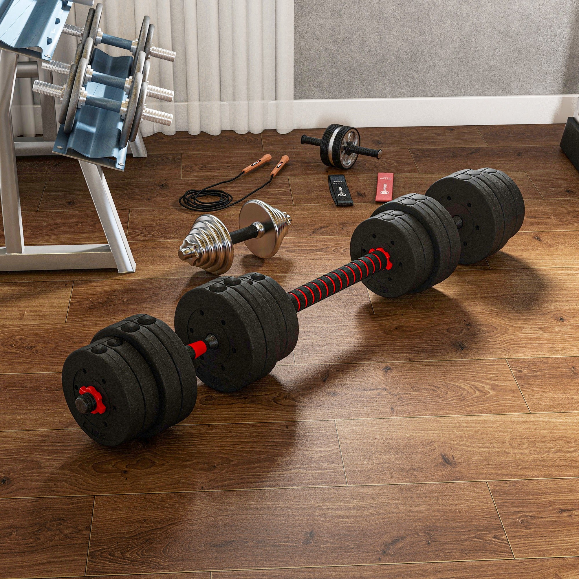HOMCOM 30kg 2 IN 1 Adjustable Dumbbells Weight Set, Dumbbell Hand Weight Barbell for Body Fitness, Lifting Training for Home, Office, Gym, Black - North Peak Garden Furniture
