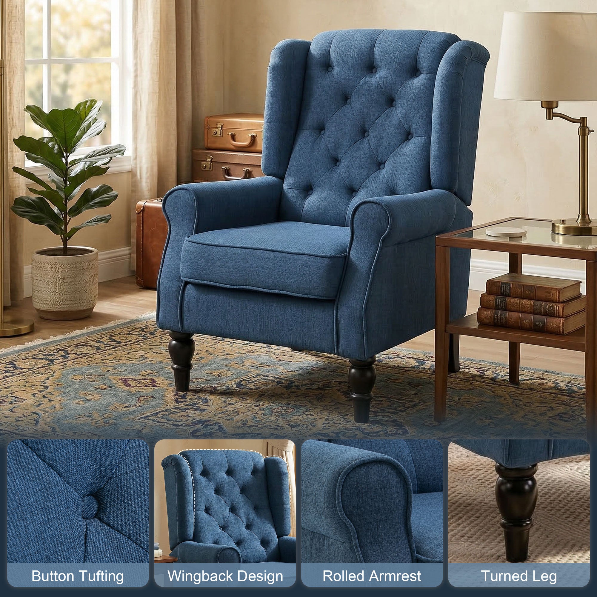 HOMCOM Wingback Accent Chair, Retro Upholstered Button Tufted Occasional Chair for Living Room and Bedroom, Blue