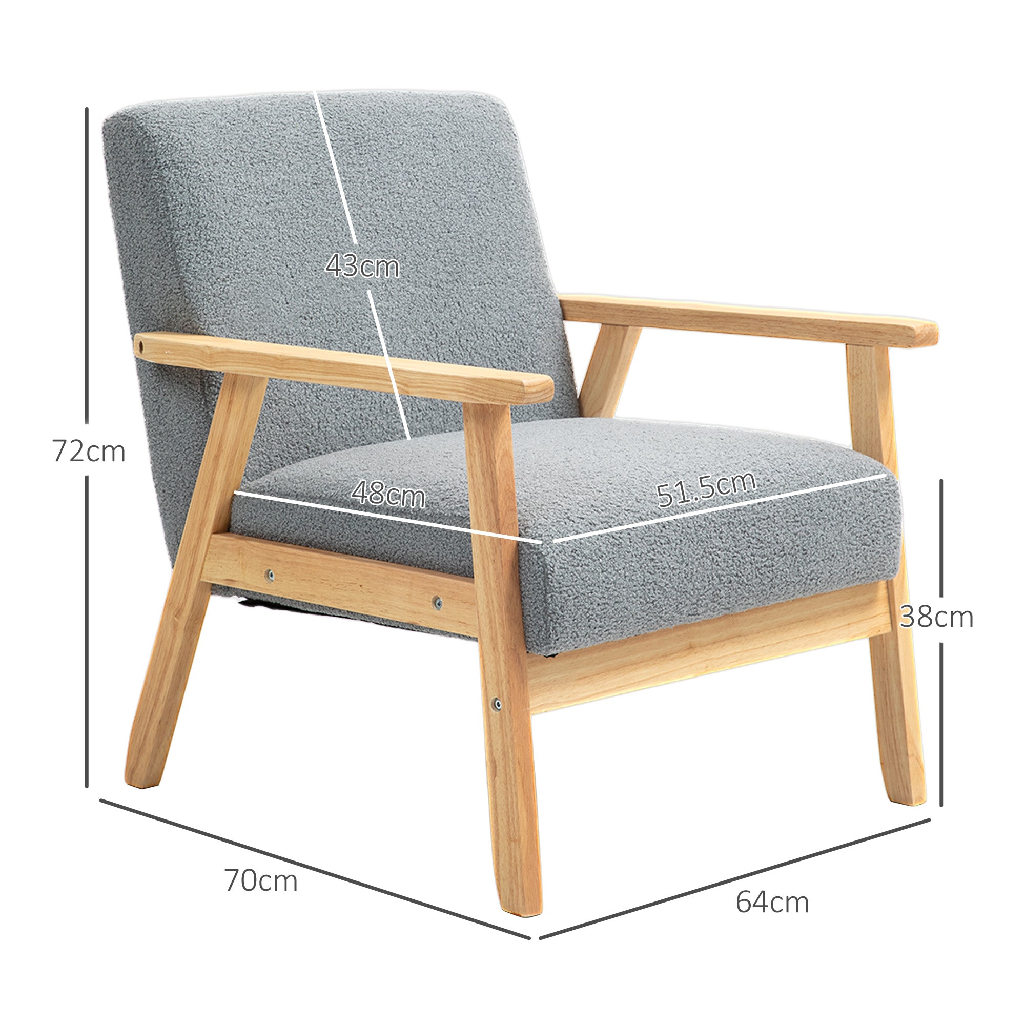 HOMCOM Accent Chair Wood Frame with Thick Cashmere Cushions Wide Seat Armchair Home Furniture Bedroom Office Grey - North Peak Garden Furniture