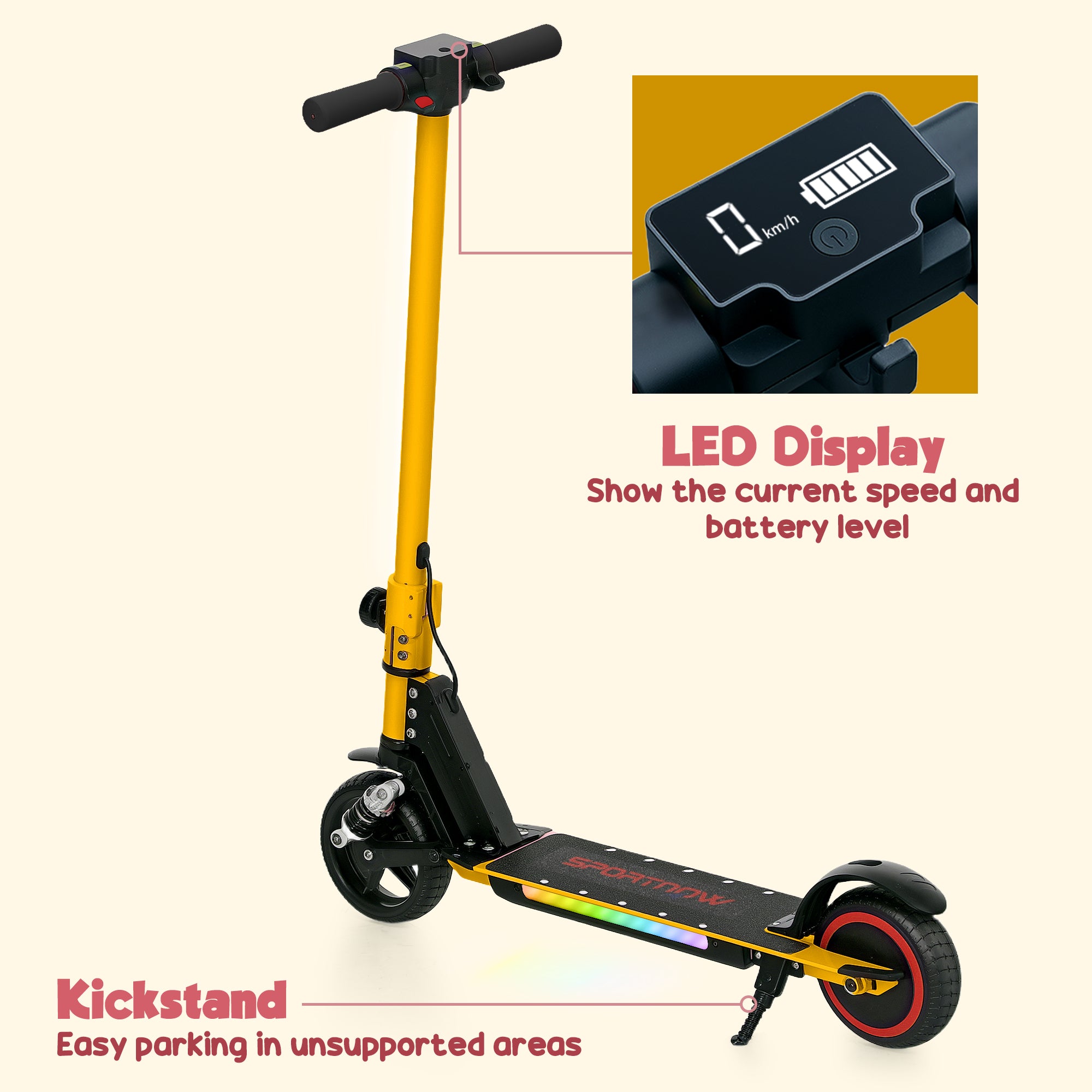 SPORTNOW Folding Electric Scooter for Kids Age 6-14 with Dual Brakes, Front Suspension, LED Colourful Lights and Display, 6.8kg Lightweight Aluminium E Scooter, Up to 14 KM/H & 6 KM, Gold Tone - North Peak Garden Furniture