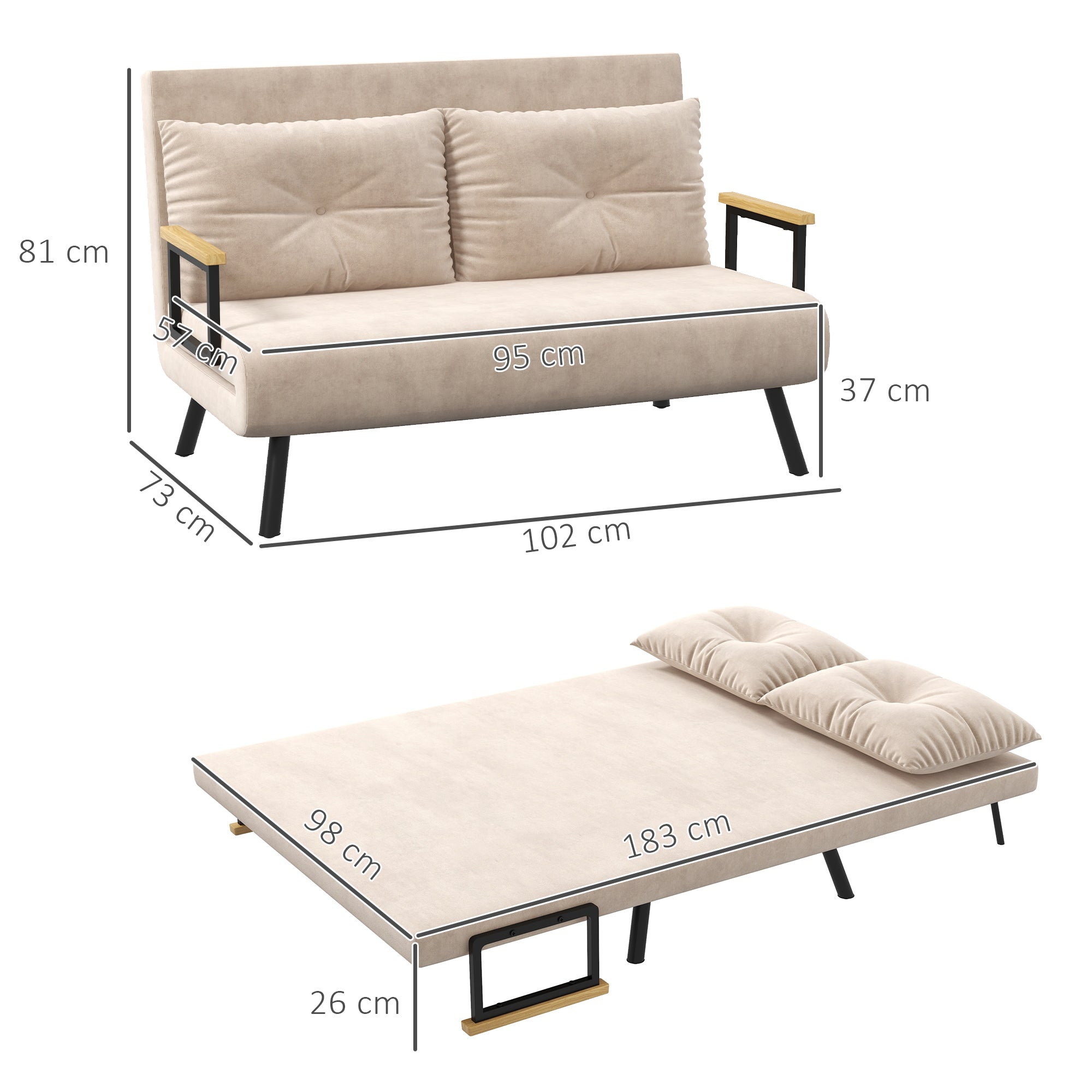 HOMCOM 4-in-1 Velvet-Feel Double Sofa Bed, with Pillows - Beige - North Peak Garden Furniture