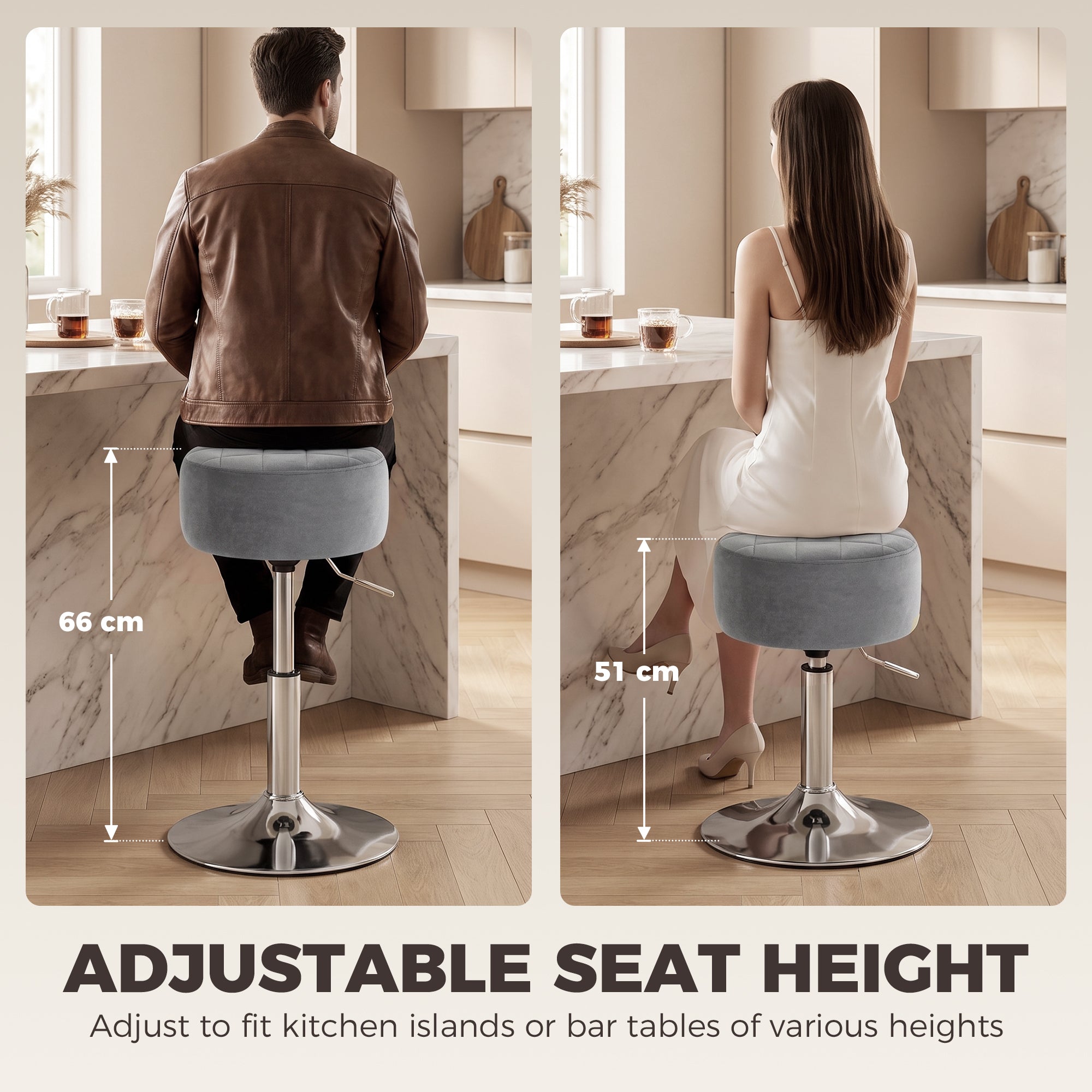 HOMCOM Bar Stool Adjustable Swivel Chair Velvet-Feel Seat 1 Piece, Grey