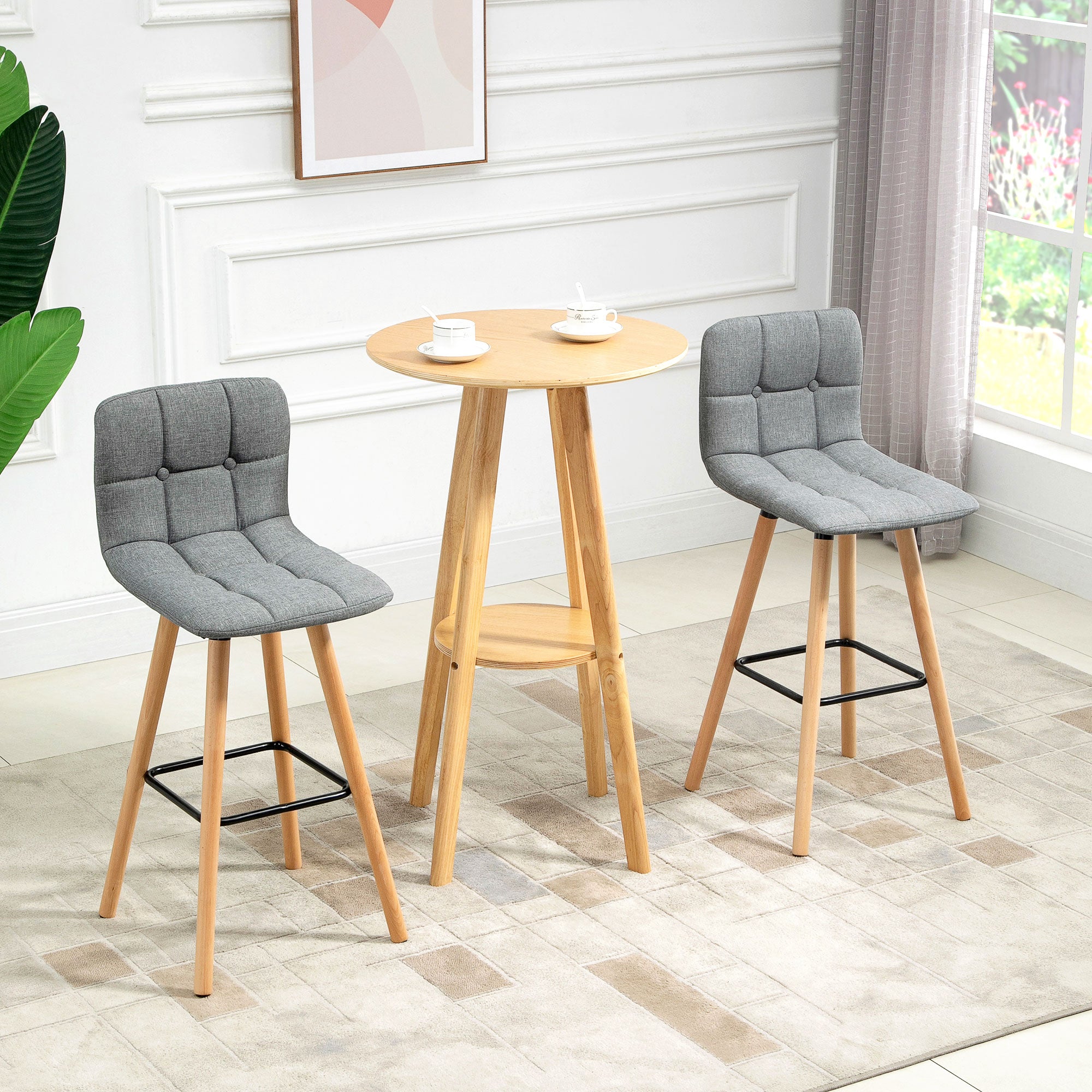 HOMCOM Bar stool Set of 2 Armless Button-Tufted Counter Height Bar Chairs with Wood Legs & Footrest, Grey - North Peak Garden Furniture