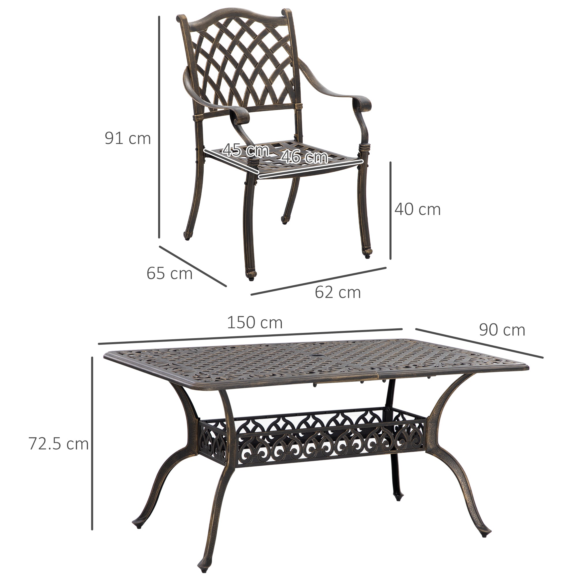 Outsunny 7 PCs Garden Patio Dining Set with Parasol Hole, Cast Aluminium Outdoor Furniture Set with Six Cushioned Chairs and Rectangle Dining Table, for Garden, Lawn, Deck, Bronze Tone - North Peak Garden Furniture