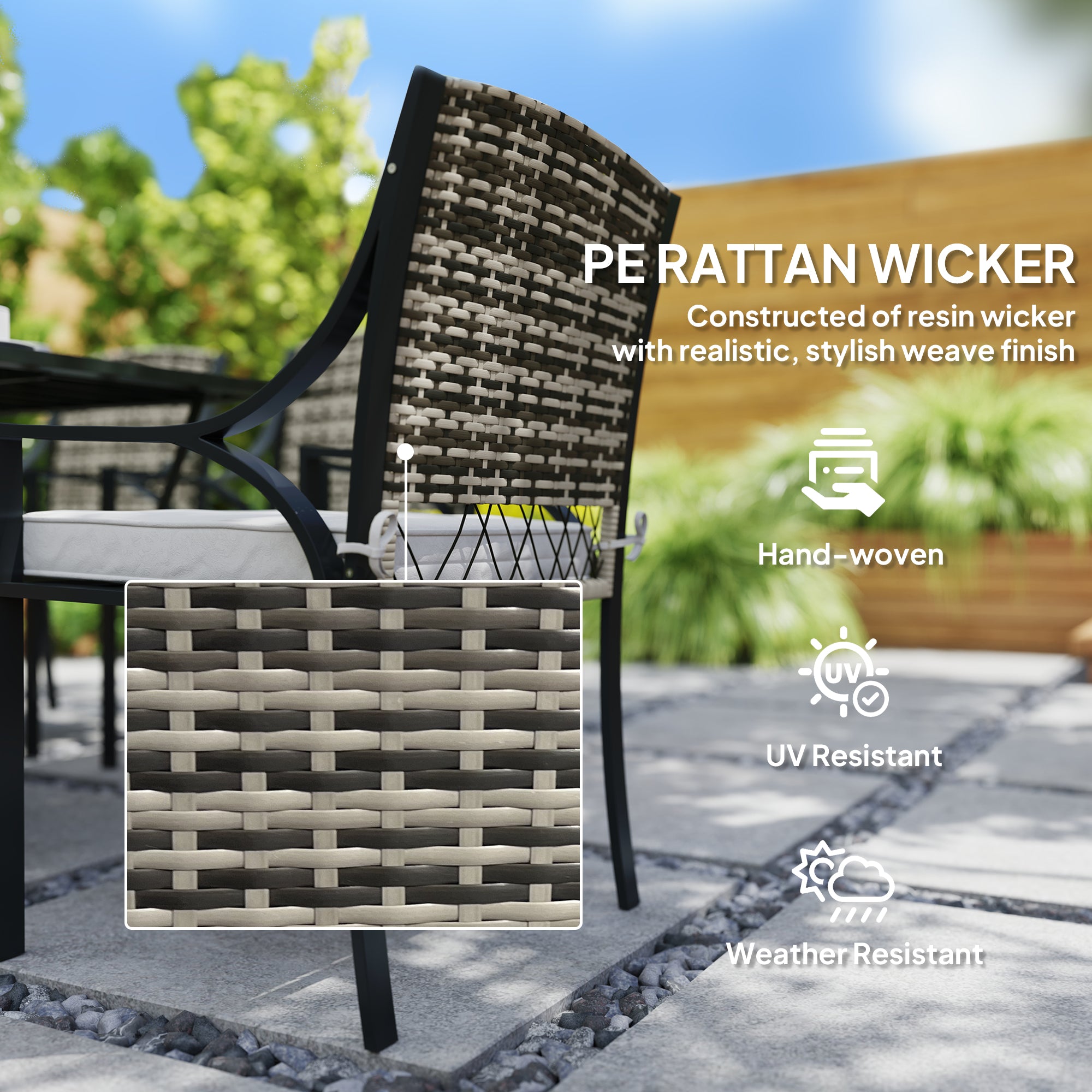 Outsunny Rattan Garden Furniture Set with Cushions, 6 Seater Rattan Dining Set with 6 Armchairs, 150 x 96cm Rectangular Table, Umbrella Hole, for Outdoor, Patio, Balcony, Terrace, Conservatory - North Peak Garden Furniture