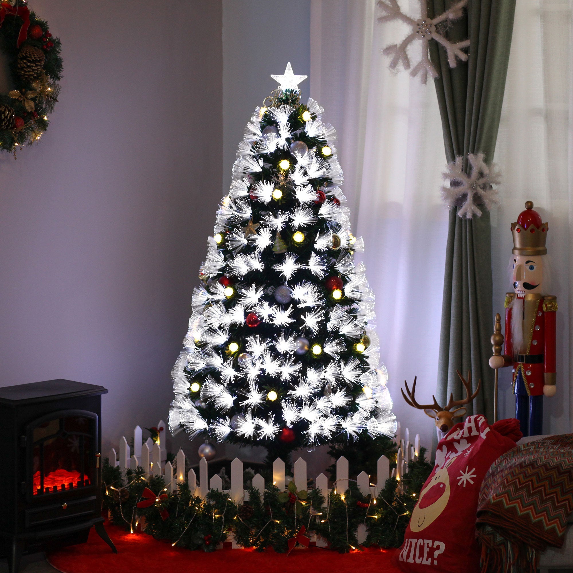 HOMCOM 5ft White Light Artificial Christmas Tree w/ 180 LEDs Star Topper Tri-Base Full Bodied Seasonal Decoration Pre-Lit Home - North Peak Garden Furniture