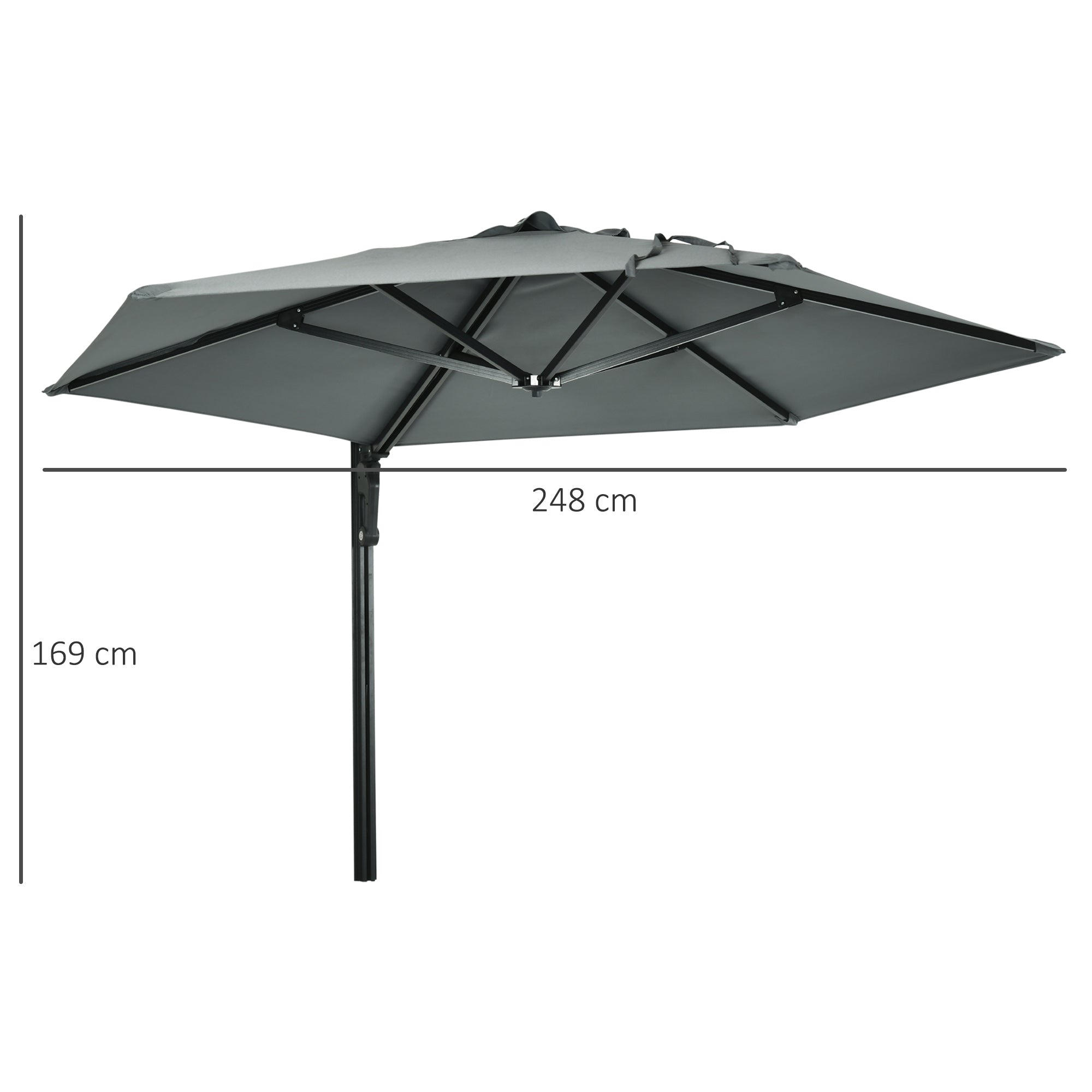 Outsunny 2.5m Wall Mounted Parasol, Hand to Push Outdoor Patio Umbrella with 180 Degree Rotatable Canopy for Porch, Deck, Garden, 250 cm, Grey - North Peak Garden Furniture