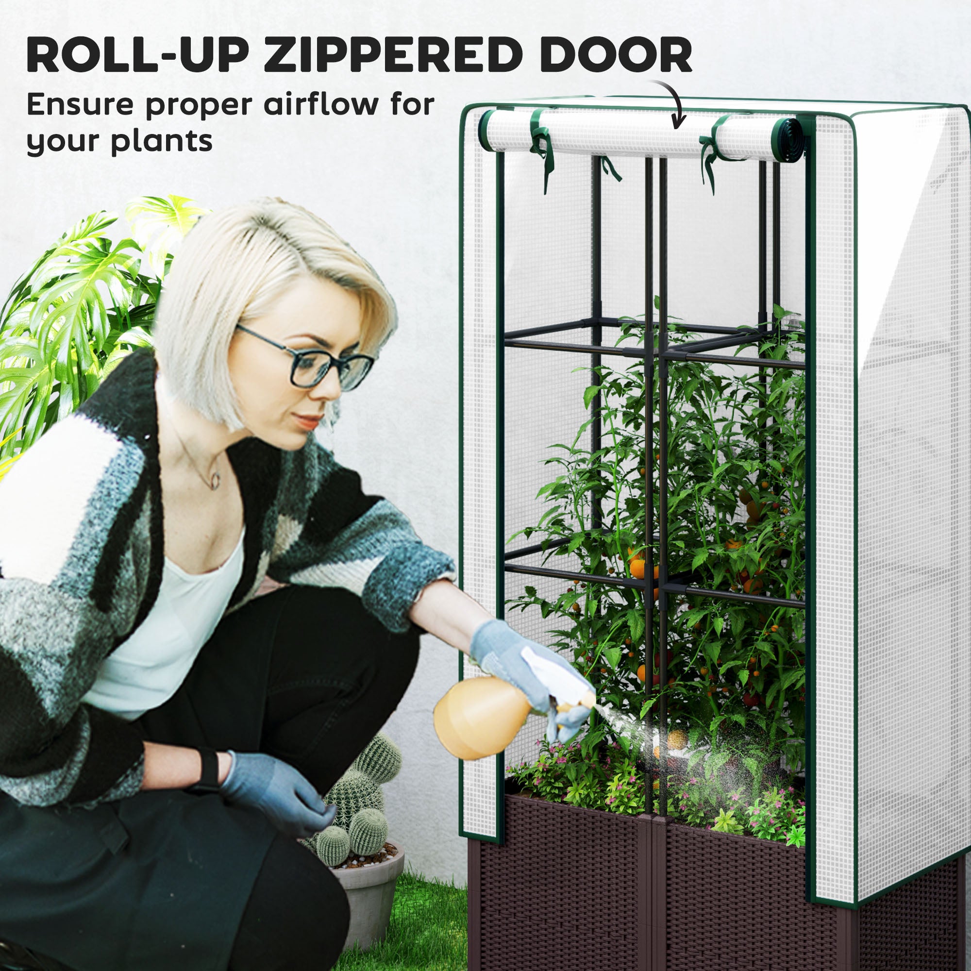 Outsunny Raised Garden Bed with Trellis, Plastic Planter Box with PE Cover, Drainage Holes and Drain Plugs for Climbing Plants, Vegetables, Flowers, 80 x 40 x 140 cm - North Peak Garden Furniture