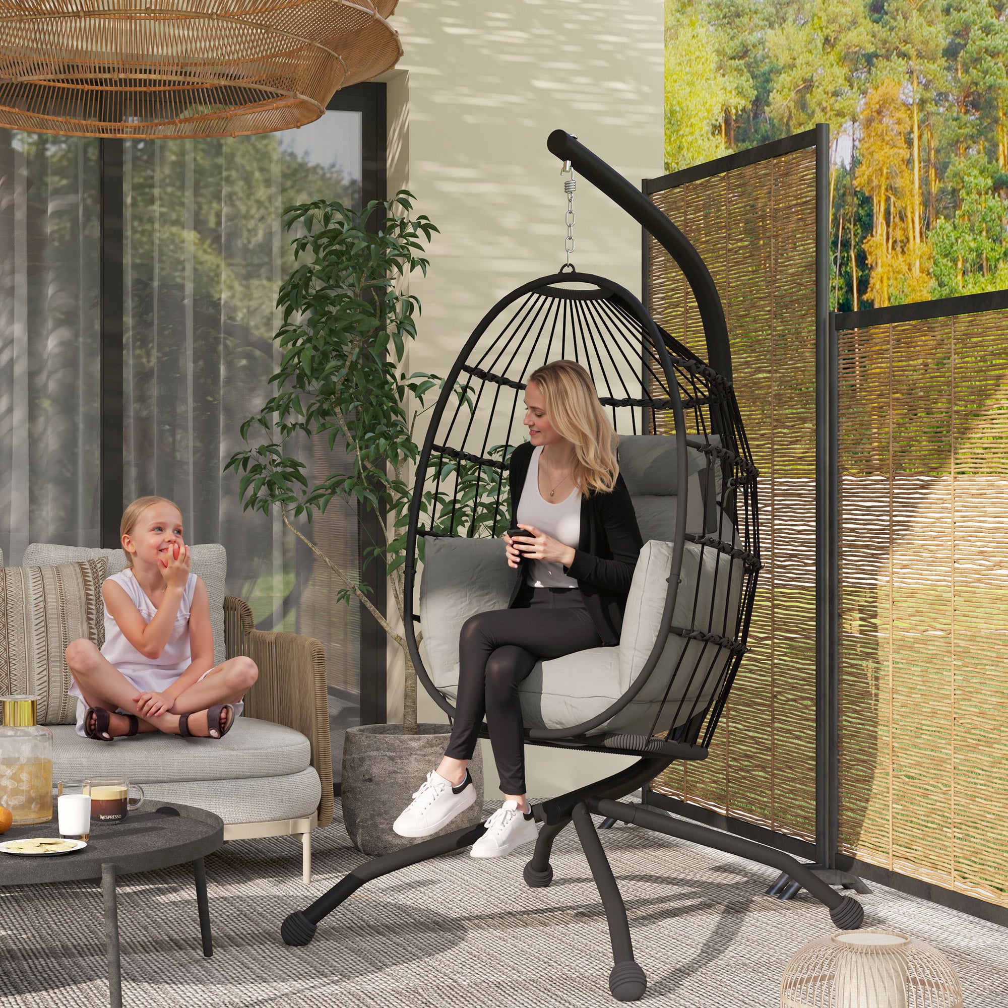 Outsunny Hanging Egg Chair Outdoor Indoor Garden Swing Chair with Folding Basket and Thickened Cushion, Garden Hanging Chair with Stand, Headrest, Cup Holder for Patio, Balcony, Dark Grey