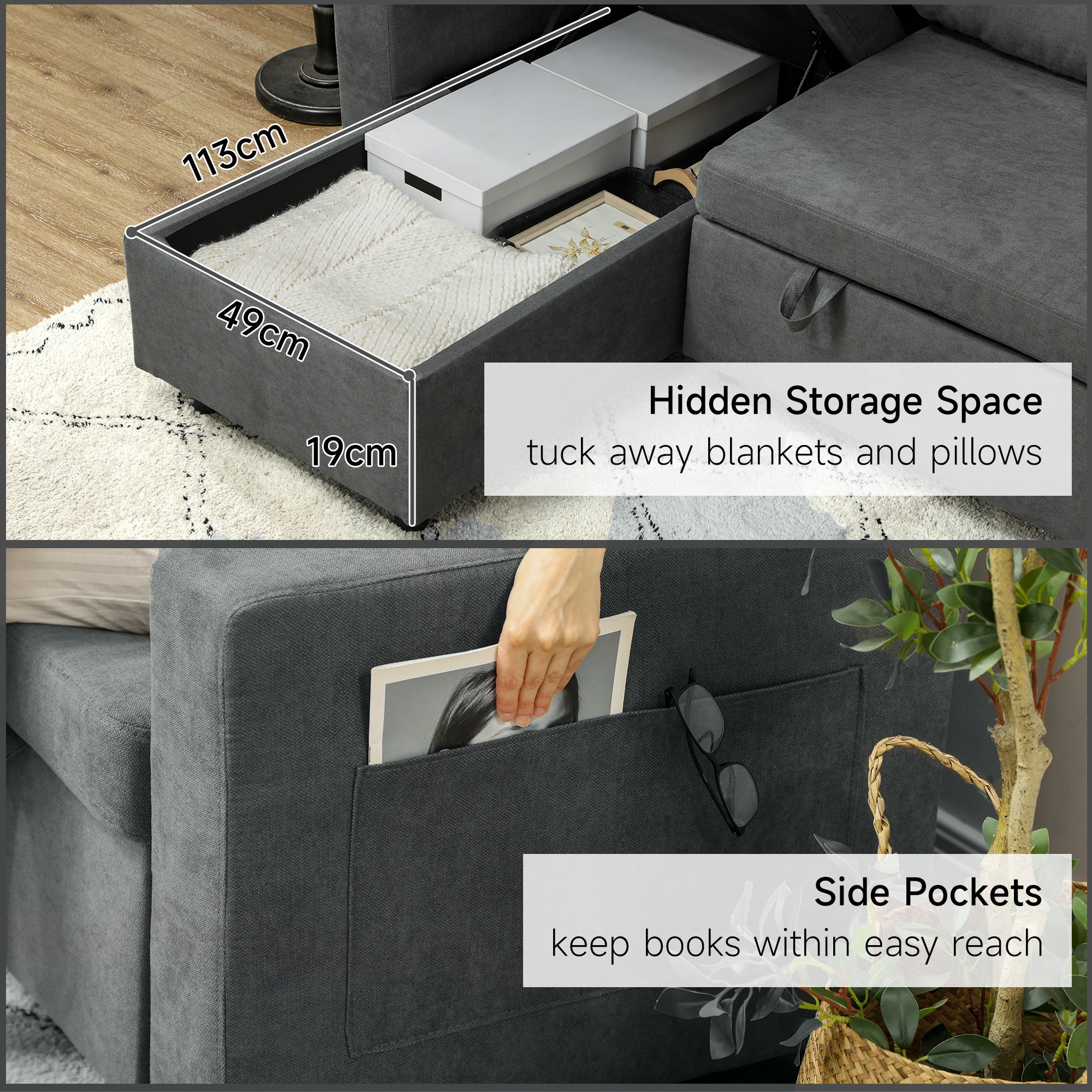 HOMCOM L Sofa Bed, with Storage - Charcoal Grey - North Peak Garden Furniture