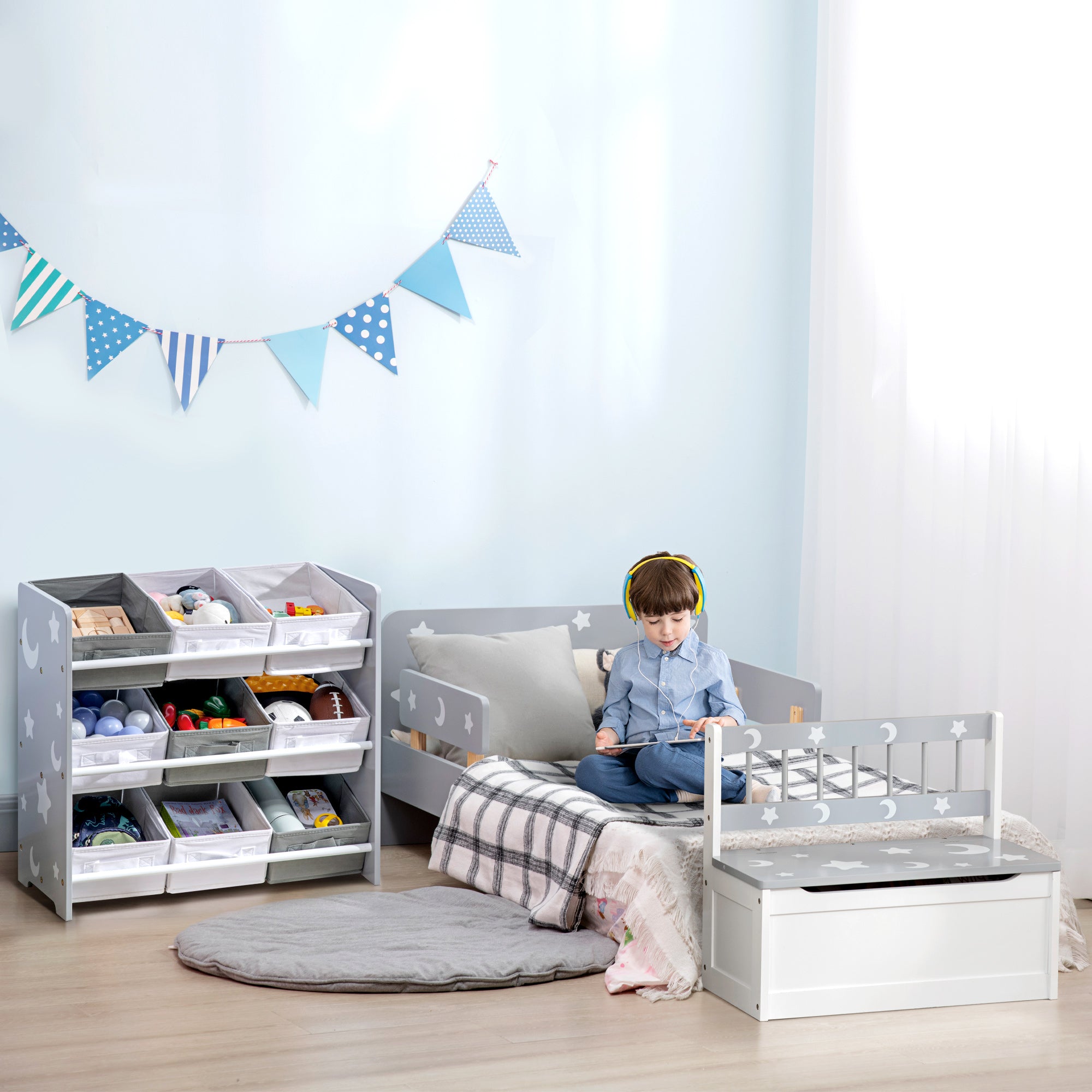 ZONEKIZ Kids Storage Rack, with Nine Removable Baskets, for Nursery, Bedroom, Playroom - Grey - North Peak Garden Furniture